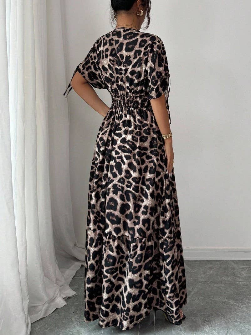 Elegant Tie Sleeve Detail Leopard Print V-Neck Dress