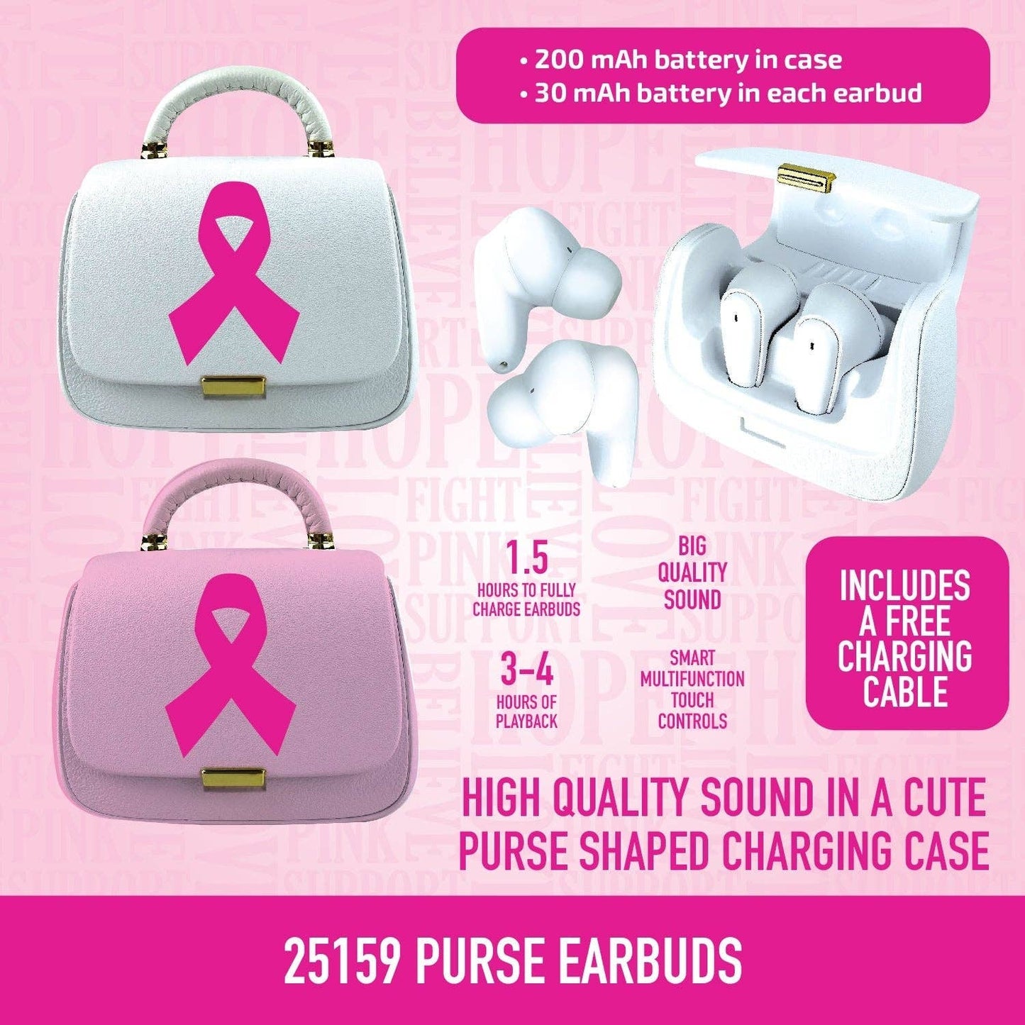 Wireless Bluetooth Earbuds with PINK Purse Charging Case