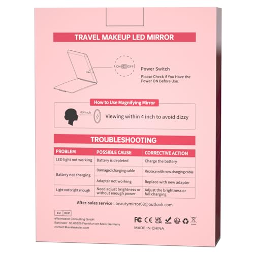 FUNTOUCH 2500mAh Large Rechargeable Travel Makeup Mirror with Lights, Portable Makeup Mirror with 10X Magnifying Mirror 3 Lighting Modes, Tabletop Folding Travel Mirror with PU Leather Cover (Pink)