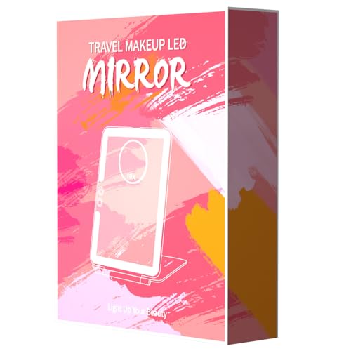 FUNTOUCH 2500mAh Large Rechargeable Travel Makeup Mirror with Lights, Portable Makeup Mirror with 10X Magnifying Mirror 3 Lighting Modes, Tabletop Folding Travel Mirror with PU Leather Cover (Pink)