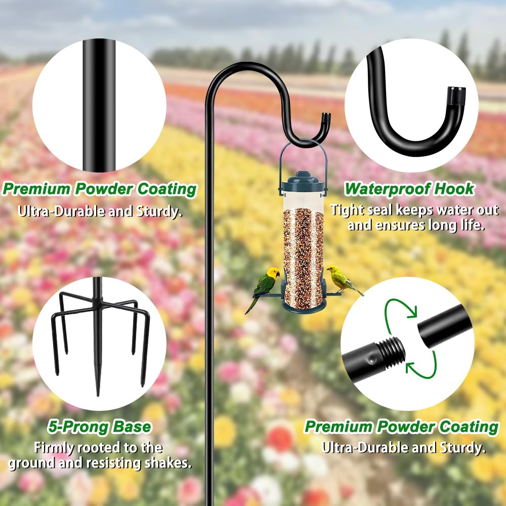 72" Shepherds Hooks for Outdoor, Heavy Duty Bird Feeder Pole with 7 Base Prongs, Adjustable Garden Hanging Holder for Bird Feeders, Solar Light Lanterns, Garden Plant Hanger Stands, 2 Packs