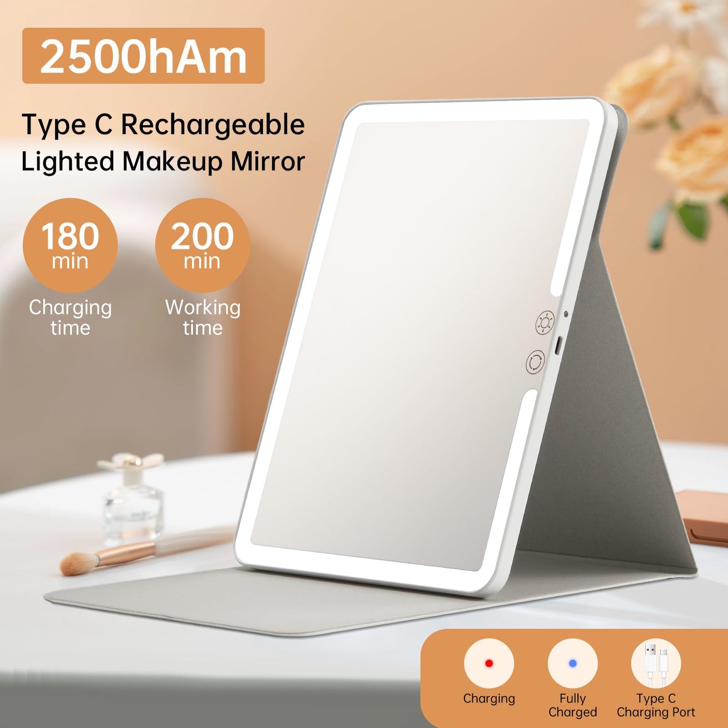 FUNTOUCH 2500mAh Large Rechargeable Travel Makeup Mirror with Lights, Portable Makeup Mirror with 10X Magnifying Mirror 3 Lighting Modes, Tabletop Folding Travel Mirror with PU Leather Cover (Pink)