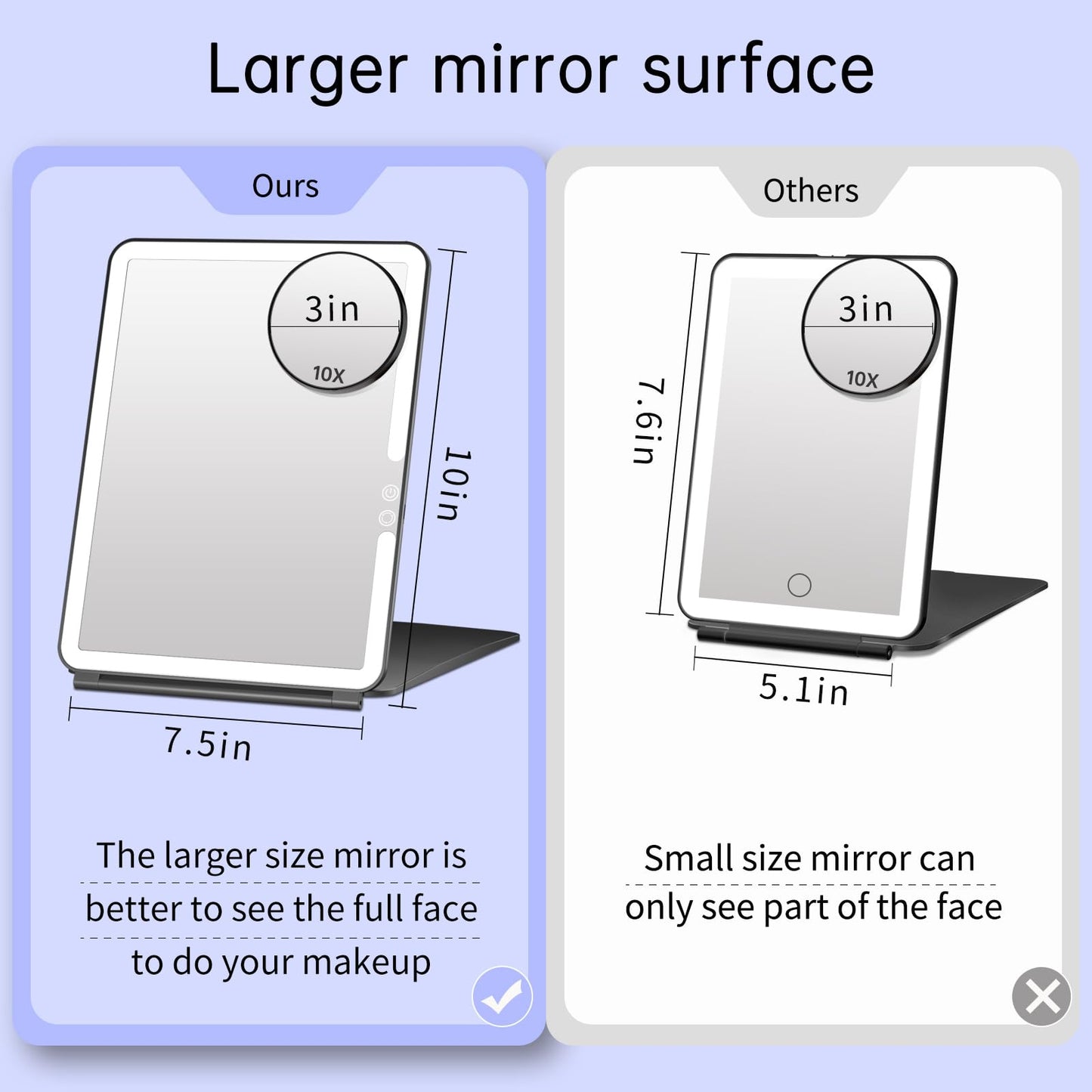 FUNTOUCH 2500mAh Large Rechargeable Travel Makeup Mirror with Lights, Portable Makeup Mirror with 10X Magnifying Mirror 3 Lighting Modes, Tabletop Folding Travel Mirror with PU Leather Cover (Pink)