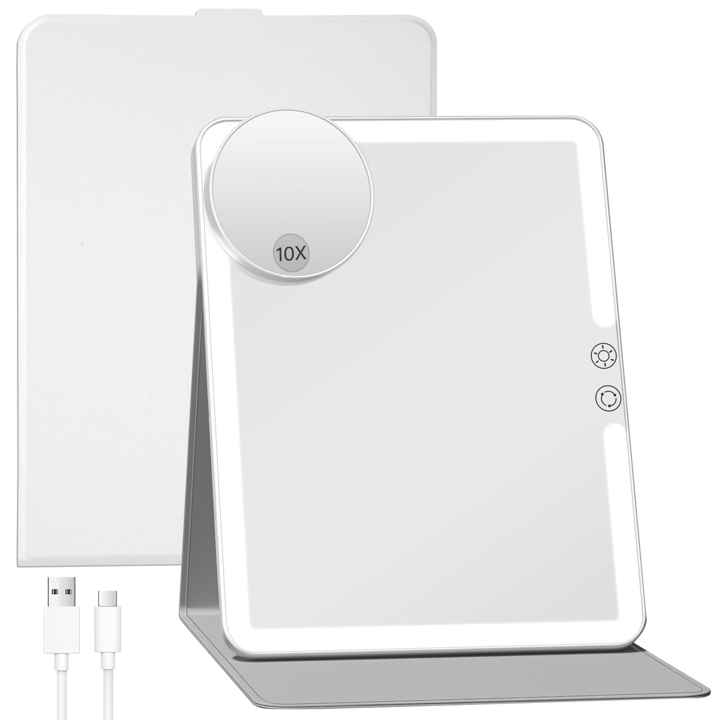 FUNTOUCH 2500mAh Large Rechargeable Travel Makeup Mirror with Lights, Portable Makeup Mirror with 10X Magnifying Mirror 3 Lighting Modes, Tabletop Folding Travel Mirror with PU Leather Cover (Pink)