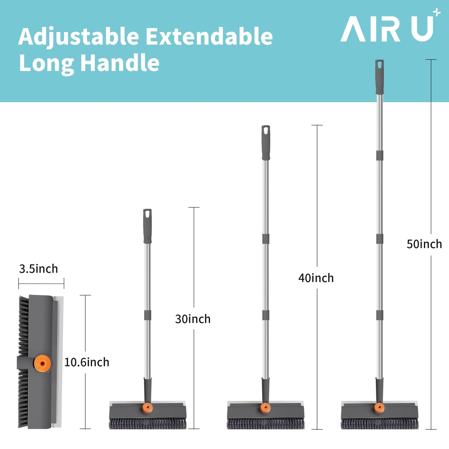 AIR U+ Floor Scrub Brush with Long Handle, 3 in 1 Scrape and Heavy-Duty Stiff Bristle Scrubber Brush for Cleaning Shower Bathroom, Patio, Garage, Kitchen, Wall and Deck