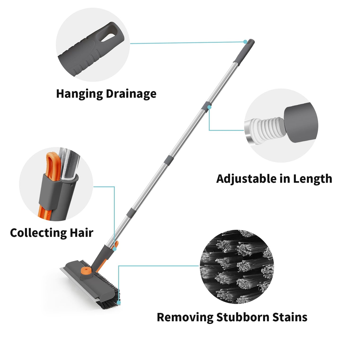 AIR U+ Floor Scrub Brush with Long Handle, 3 in 1 Scrape and Heavy-Duty Stiff Bristle Scrubber Brush for Cleaning Shower Bathroom, Patio, Garage, Kitchen, Wall and Deck