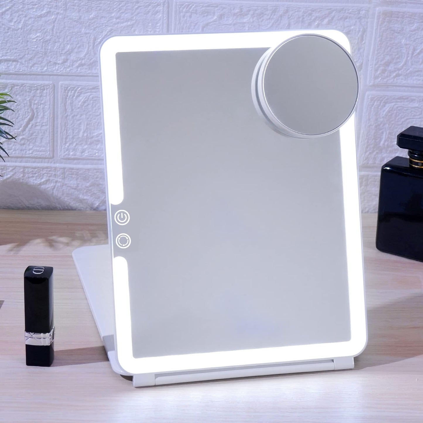 FUNTOUCH 2500mAh Large Rechargeable Travel Makeup Mirror with Lights, Portable Makeup Mirror with 10X Magnifying Mirror 3 Lighting Modes, Tabletop Folding Travel Mirror with PU Leather Cover (Pink)