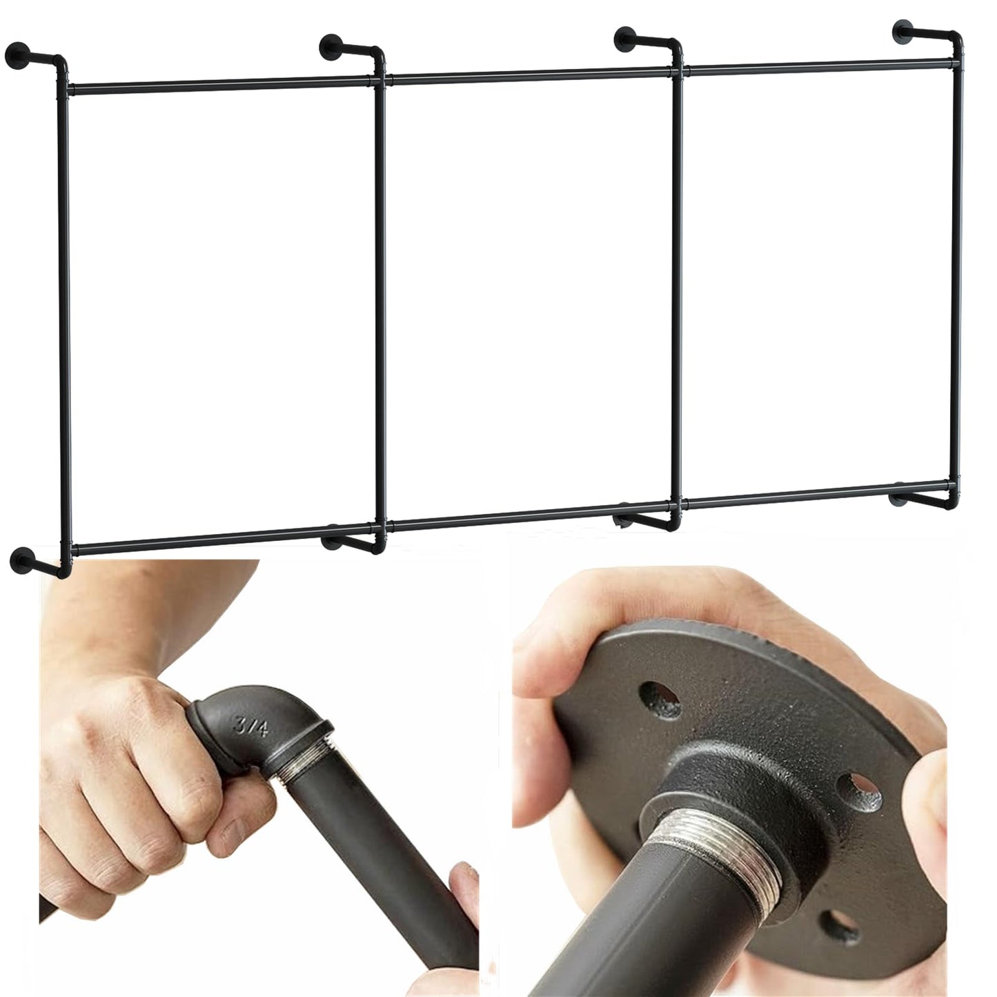 Industrial Pipe Clothing Rack Wall Mounted Clothes Rack Heavy Duty Closet Rod for Retail, Laundry Room, Bedroom