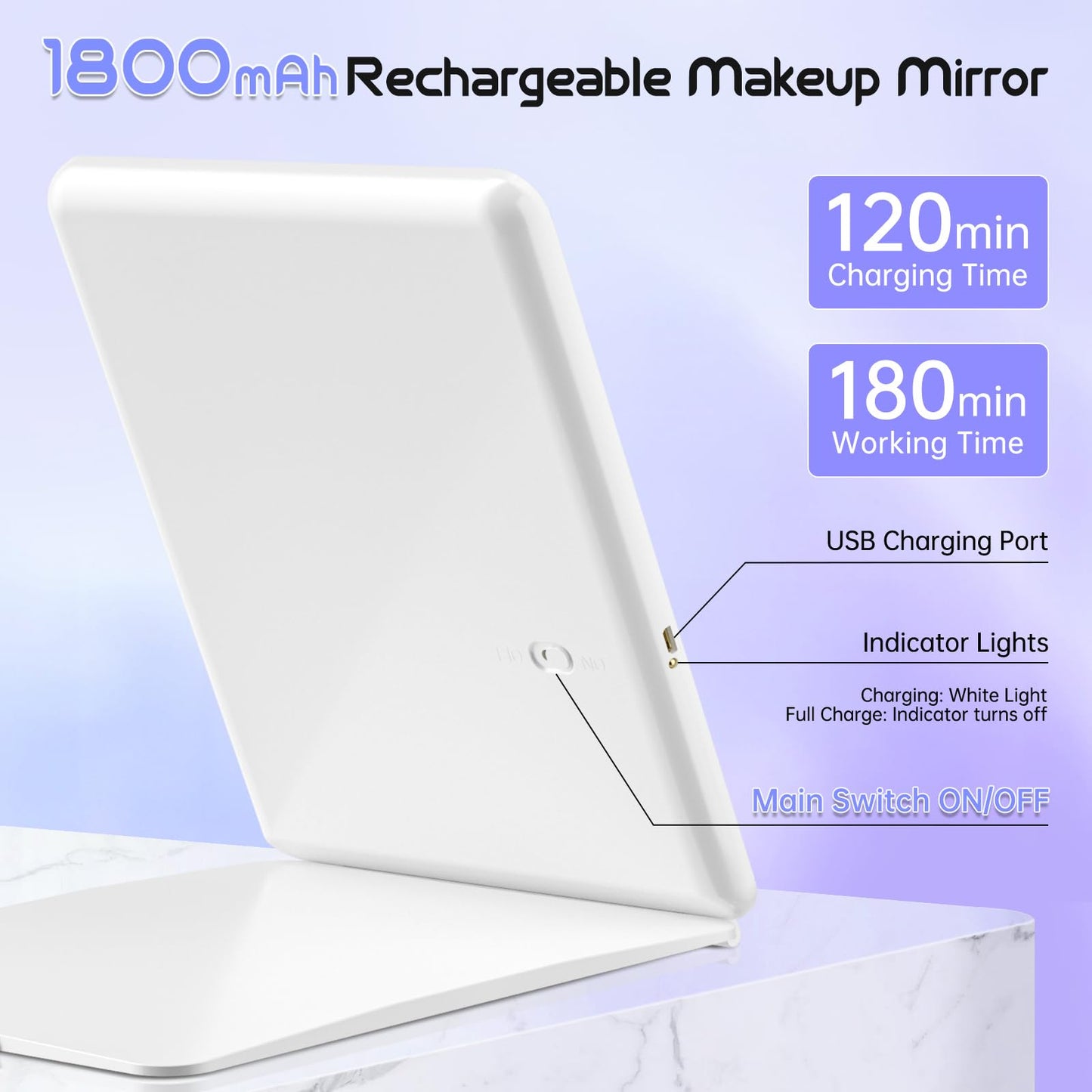 FUNTOUCH 2500mAh Large Rechargeable Travel Makeup Mirror with Lights, Portable Makeup Mirror with 10X Magnifying Mirror 3 Lighting Modes, Tabletop Folding Travel Mirror with PU Leather Cover (Pink)