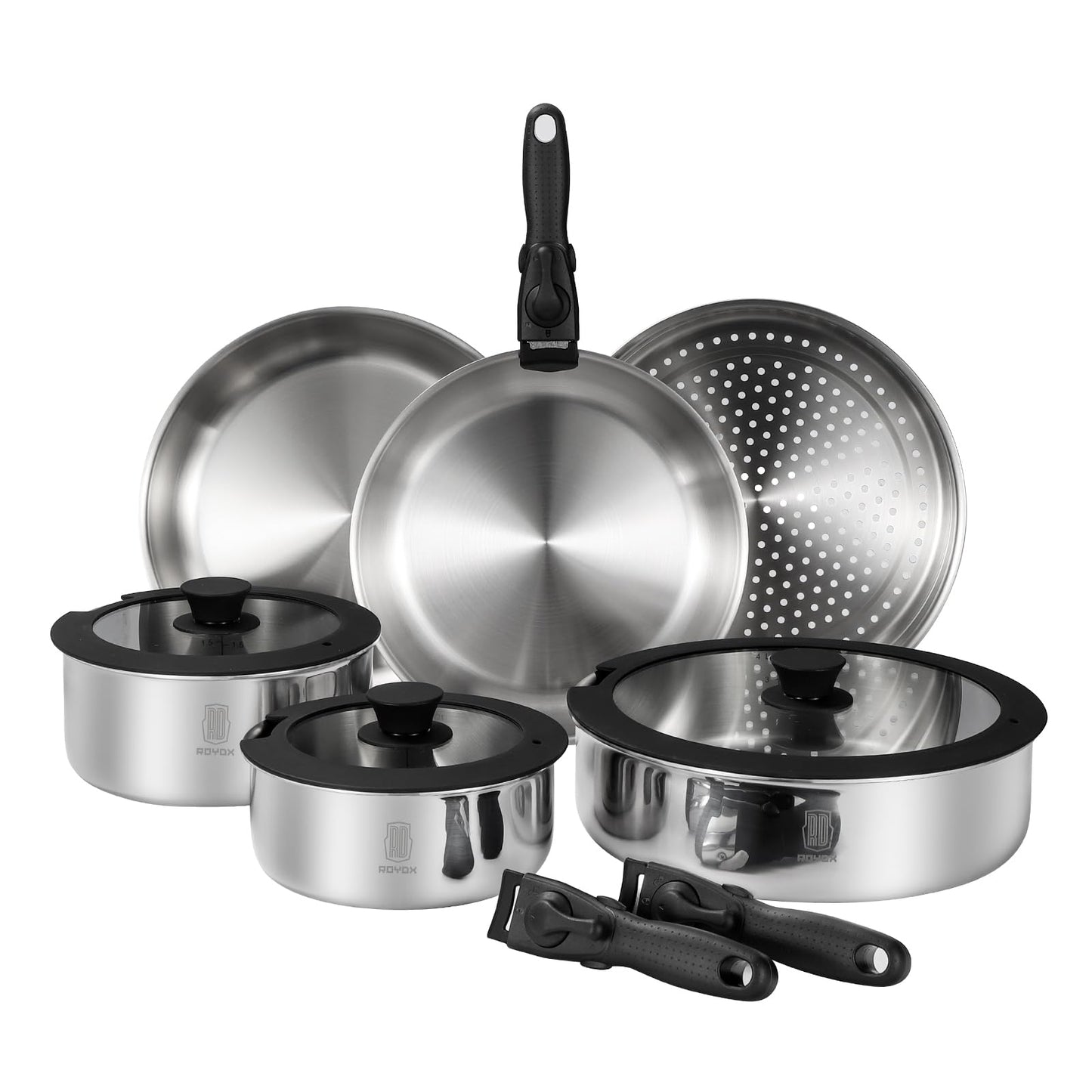ROYDX 16pcs Pots and Pans Set, Stainless Steel Cookware Set Detachable Handle, Induction Kitchen Stackable RV Cookware Sets, (Camper, Boat, Small Kitchen), Dishwasher Safe&Oven Safe, PFOA Free, Silver