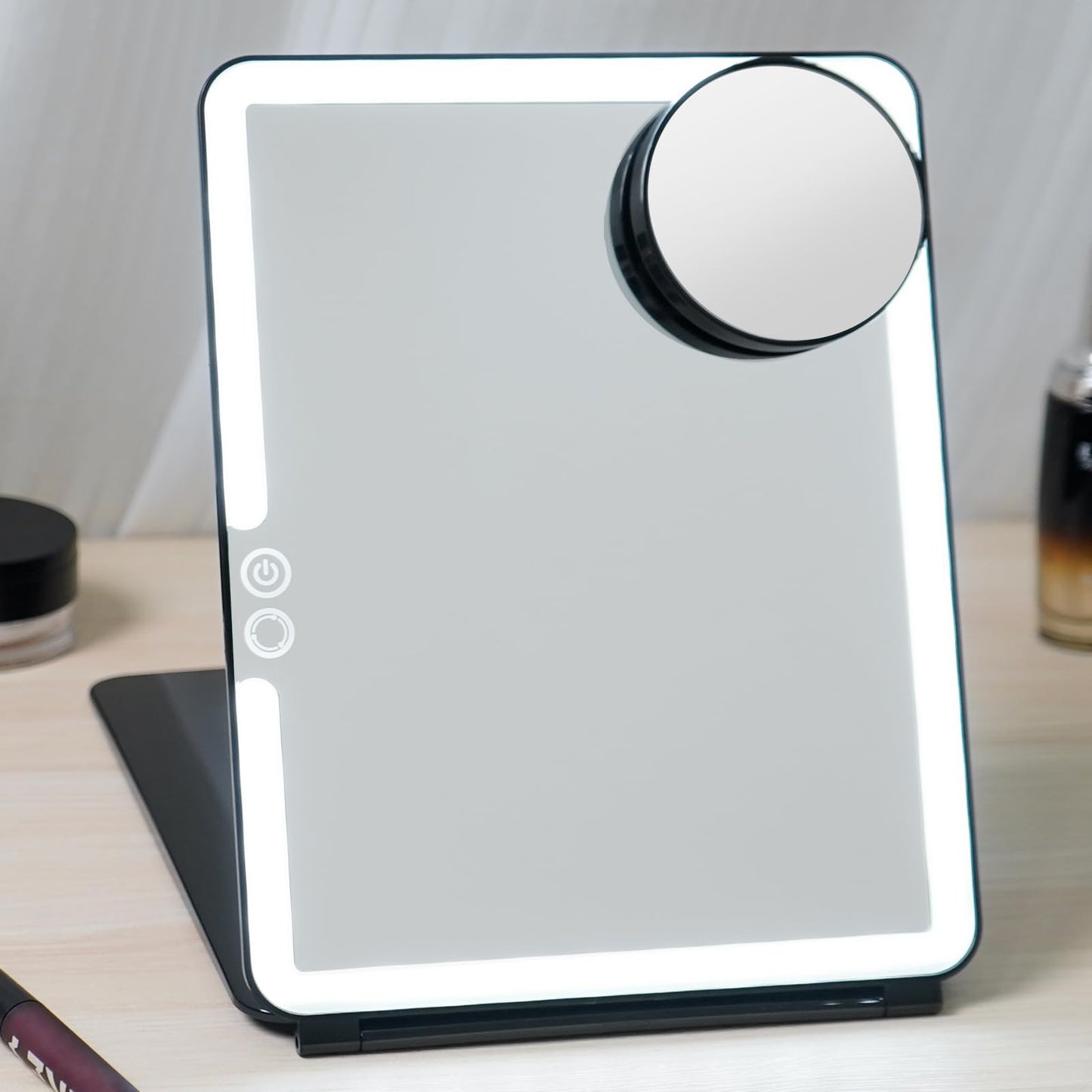 FUNTOUCH 2500mAh Large Rechargeable Travel Makeup Mirror with Lights, Portable Makeup Mirror with 10X Magnifying Mirror 3 Lighting Modes, Tabletop Folding Travel Mirror with PU Leather Cover (Pink)