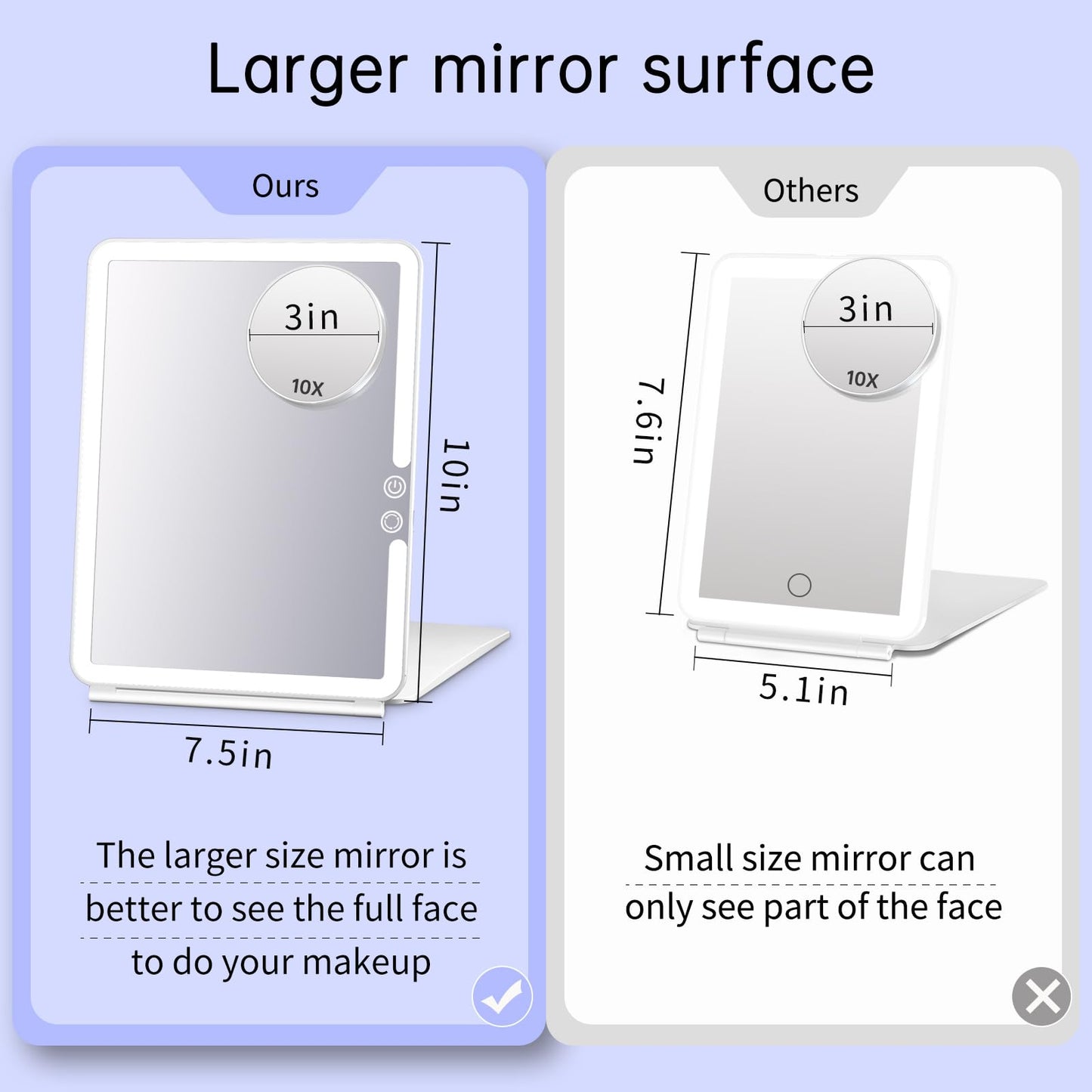 FUNTOUCH 2500mAh Large Rechargeable Travel Makeup Mirror with Lights, Portable Makeup Mirror with 10X Magnifying Mirror 3 Lighting Modes, Tabletop Folding Travel Mirror with PU Leather Cover (Pink)