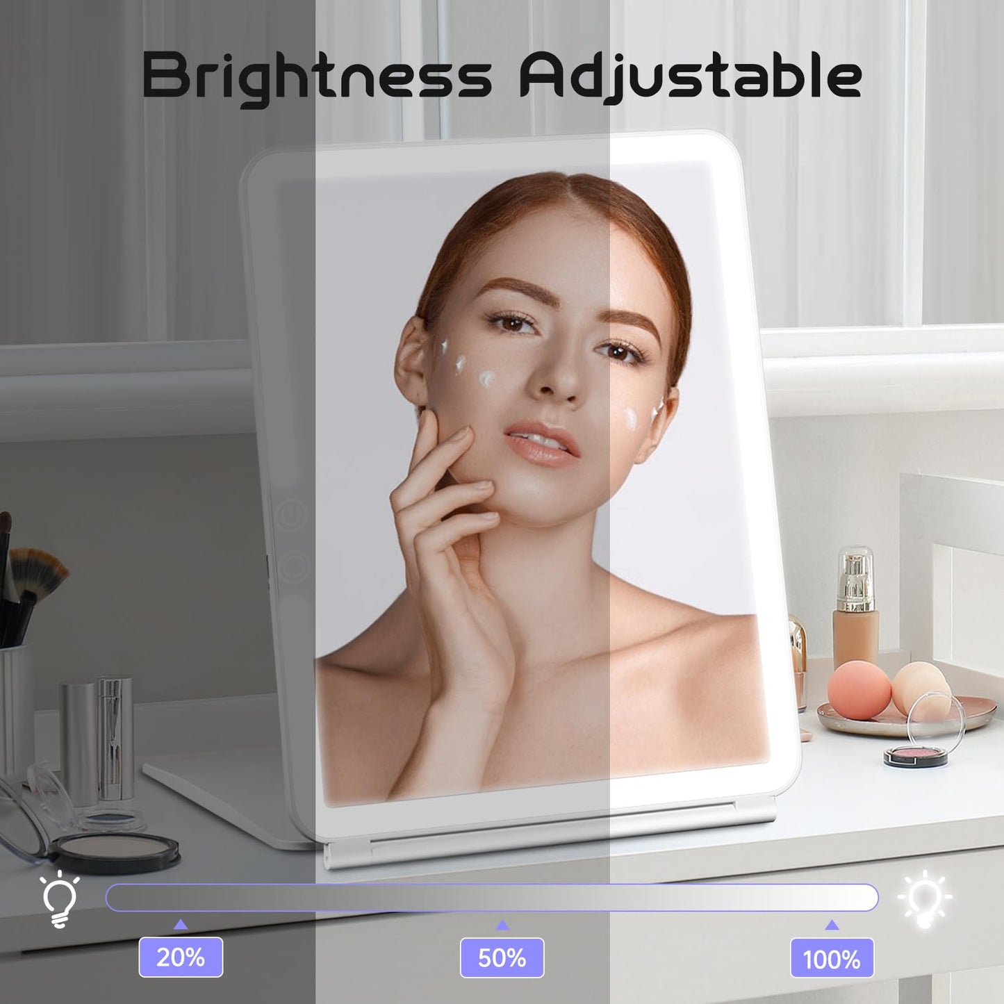 FUNTOUCH 2500mAh Large Rechargeable Travel Makeup Mirror with Lights, Portable Makeup Mirror with 10X Magnifying Mirror 3 Lighting Modes, Tabletop Folding Travel Mirror with PU Leather Cover (Pink)