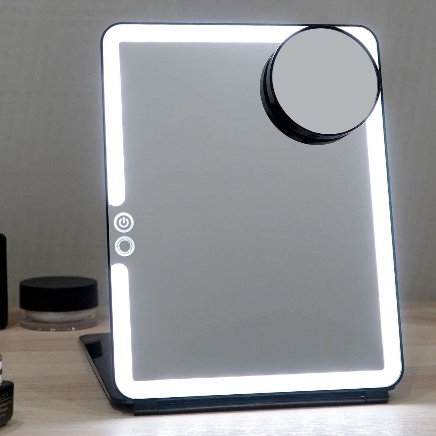 FUNTOUCH 2500mAh Large Rechargeable Travel Makeup Mirror with Lights, Portable Makeup Mirror with 10X Magnifying Mirror 3 Lighting Modes, Tabletop Folding Travel Mirror with PU Leather Cover (Pink)