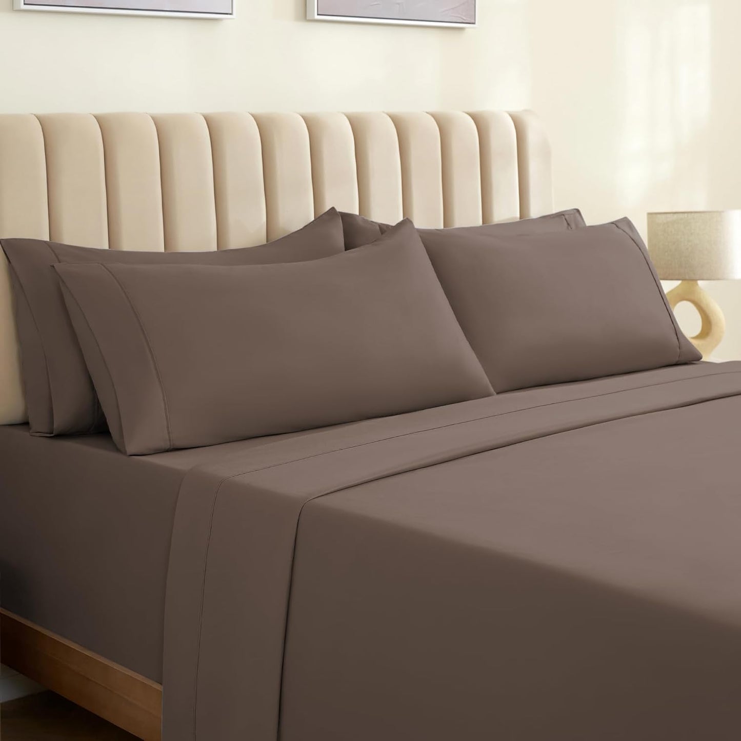 LuxClub 4 PC Full Sheet Set, Breathable Luxury Bed Sheets, Deep Pockets 18" Wrinkle Free Cooling Bed Sheets Machine Washable Hotel Bedding Silky Soft - Light Khaki Full