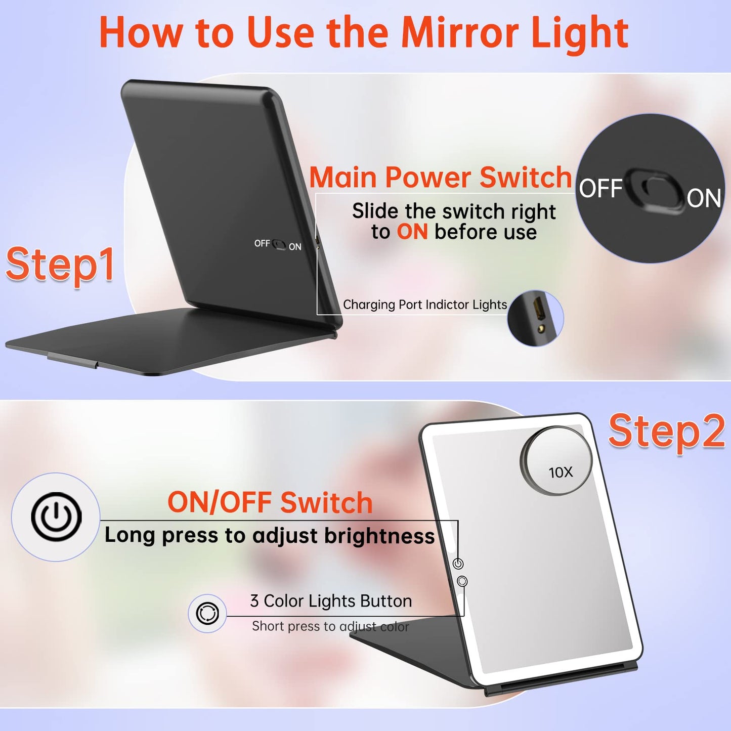 FUNTOUCH 2500mAh Large Rechargeable Travel Makeup Mirror with Lights, Portable Makeup Mirror with 10X Magnifying Mirror 3 Lighting Modes, Tabletop Folding Travel Mirror with PU Leather Cover (Pink)