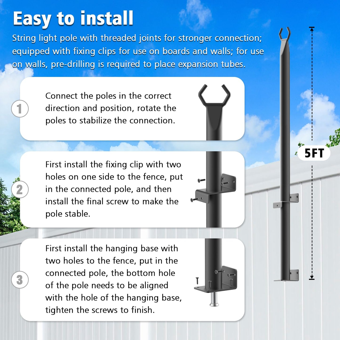 10Ft String Light Poles 4 Pack,Light Poles for Outside Lights,Outdoor with Fence Brackets Hanging Lights,Metal Stand Deck Patio Backyard