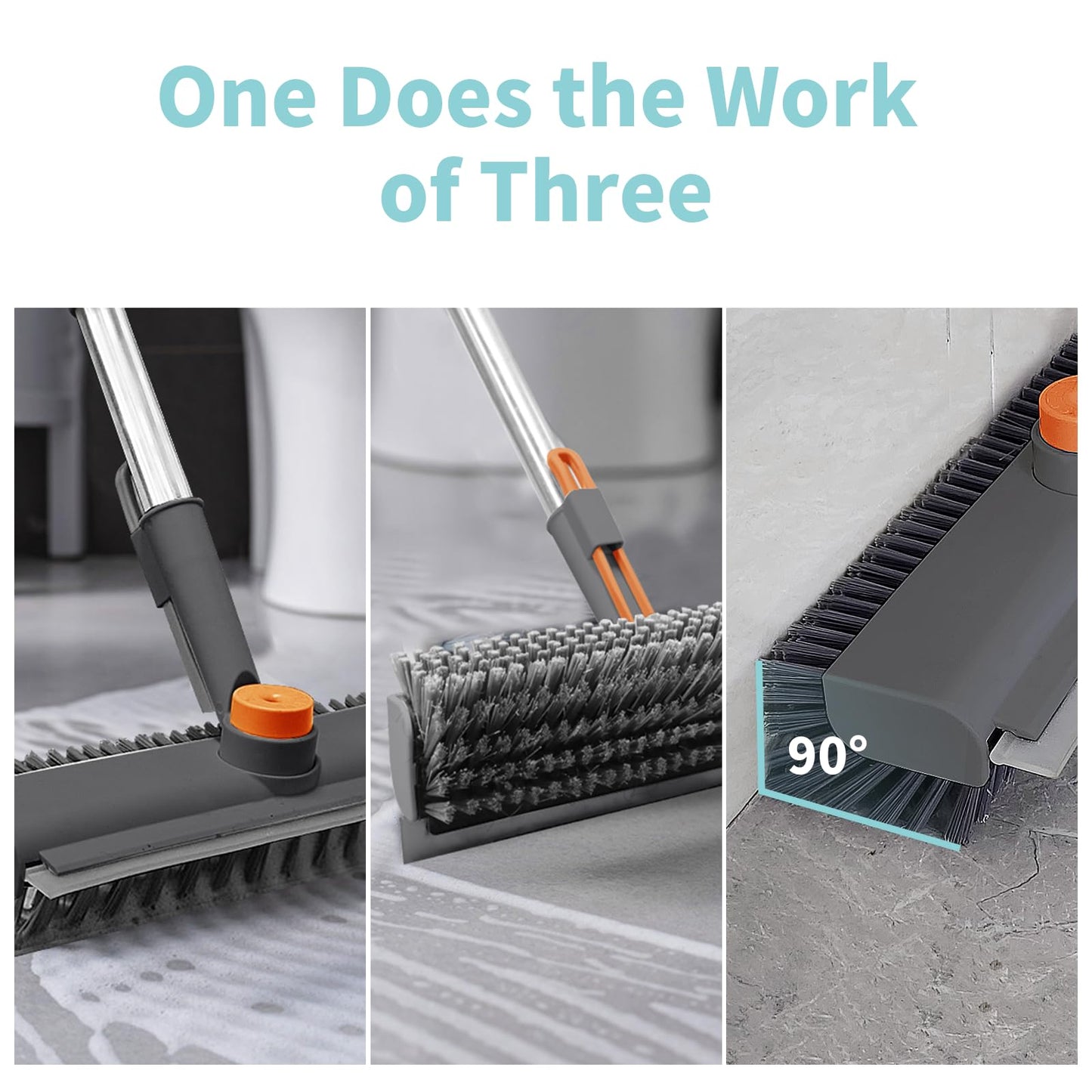 AIR U+ Floor Scrub Brush with Long Handle, 3 in 1 Scrape and Heavy-Duty Stiff Bristle Scrubber Brush for Cleaning Shower Bathroom, Patio, Garage, Kitchen, Wall and Deck