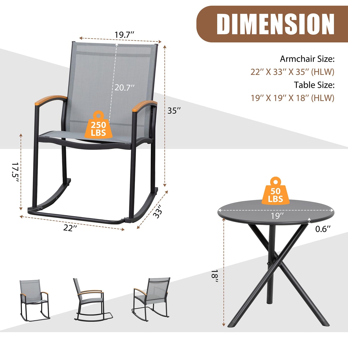 Shintenchi 3 Piece Outdoor Rocking Bistro Set, Textilene Fabric Small Patio Furniture Set, Front Porch Rocker Chairs Conversation Set with Table for Lawn, Garden, Balcony, Poolside (Black)