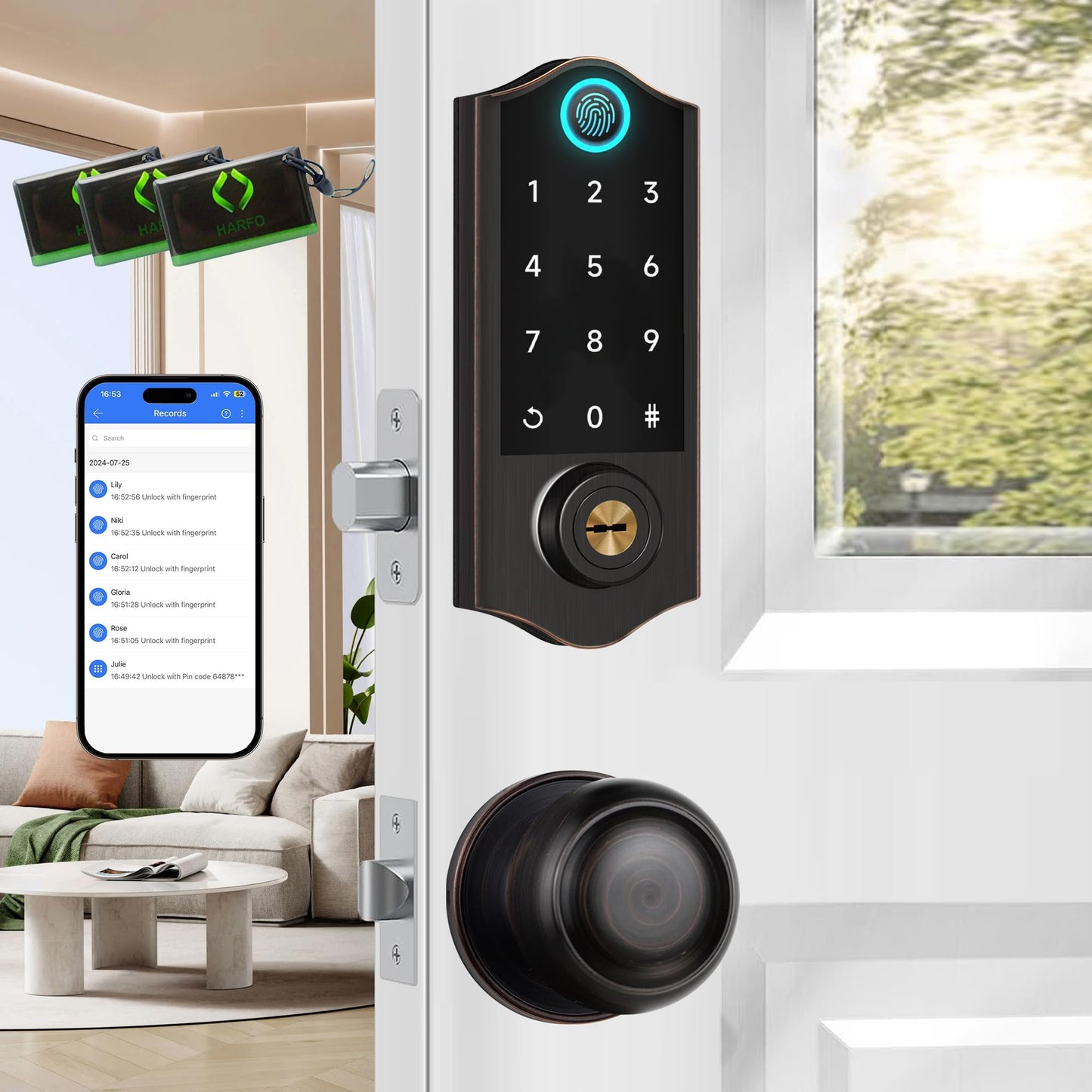 Harfo Fingerprint Smart Door Locks for Front Door with Handle Set, App Control, Keyless Entry Door Lock Keypad Deadbolt, Bluetooth Digital Electronic Touchscreen, Easy Install, Auto Lock, Black