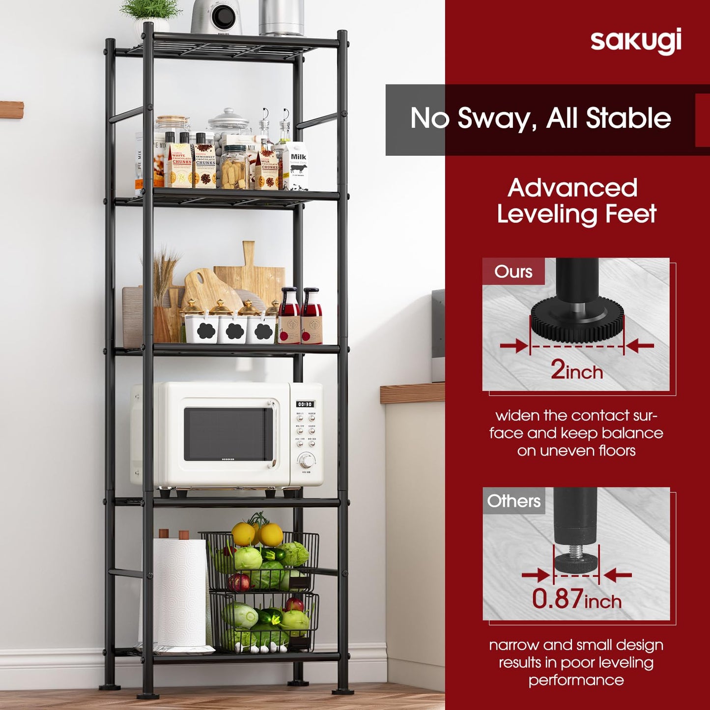 Storage Shelves - Set of 2, 5-Tier Metal Shelf Organizer, Space-Saving Garage Shelving with Leveling Feet, Standing Shelves Organizer for Kitchen, Laundry, Pantry (18.1"x12.3"x56.8", Black)
