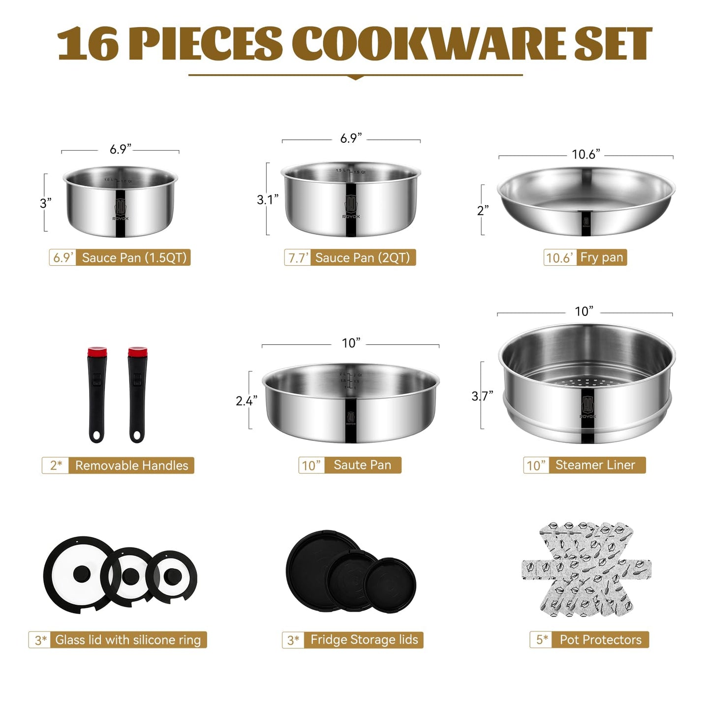 ROYDX 16pcs Pots and Pans Set, Stainless Steel Cookware Set Detachable Handle, Induction Kitchen Stackable RV Cookware Sets, (Camper, Boat, Small Kitchen), Dishwasher Safe&Oven Safe, PFOA Free, Silver