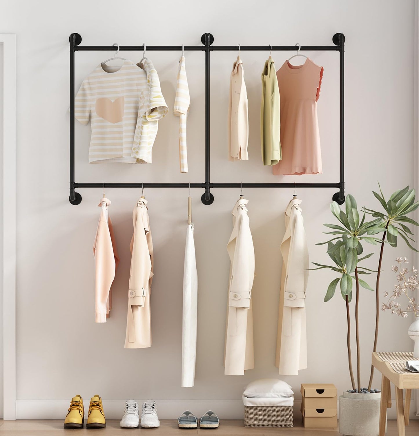 Industrial Pipe Clothing Rack Wall Mounted Clothes Rack Heavy Duty Closet Rod for Retail, Laundry Room, Bedroom