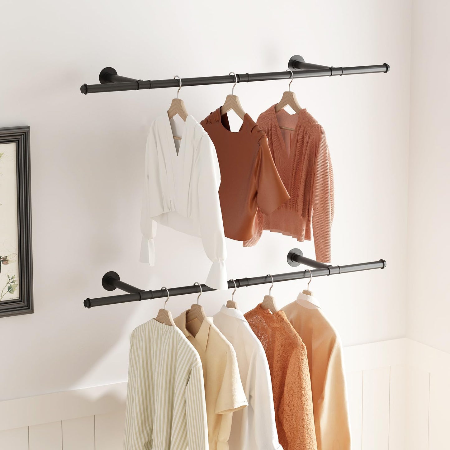 Industrial Pipe Clothing Rack,Wall Mounted Clothes Racks Closet Rods for Hanging Clothes Pipe Clothing Rack Wall Mounted Double Rods-49'' BLACK