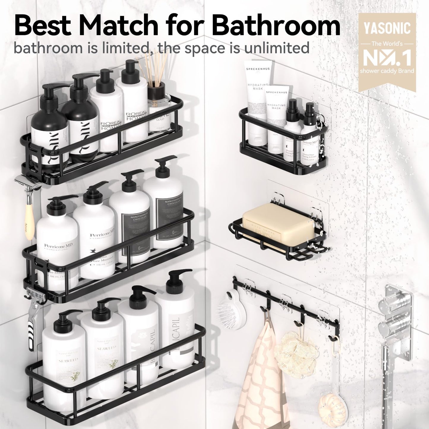 YASONIC Shower Caddy, 6 Pack Large Capacity Shower Organizer with Soap Holder and 12 Hooks, Rustproof Shower Shelves for Inside Shower, No Drilling&Sleek Bathroom Organizers and Storage