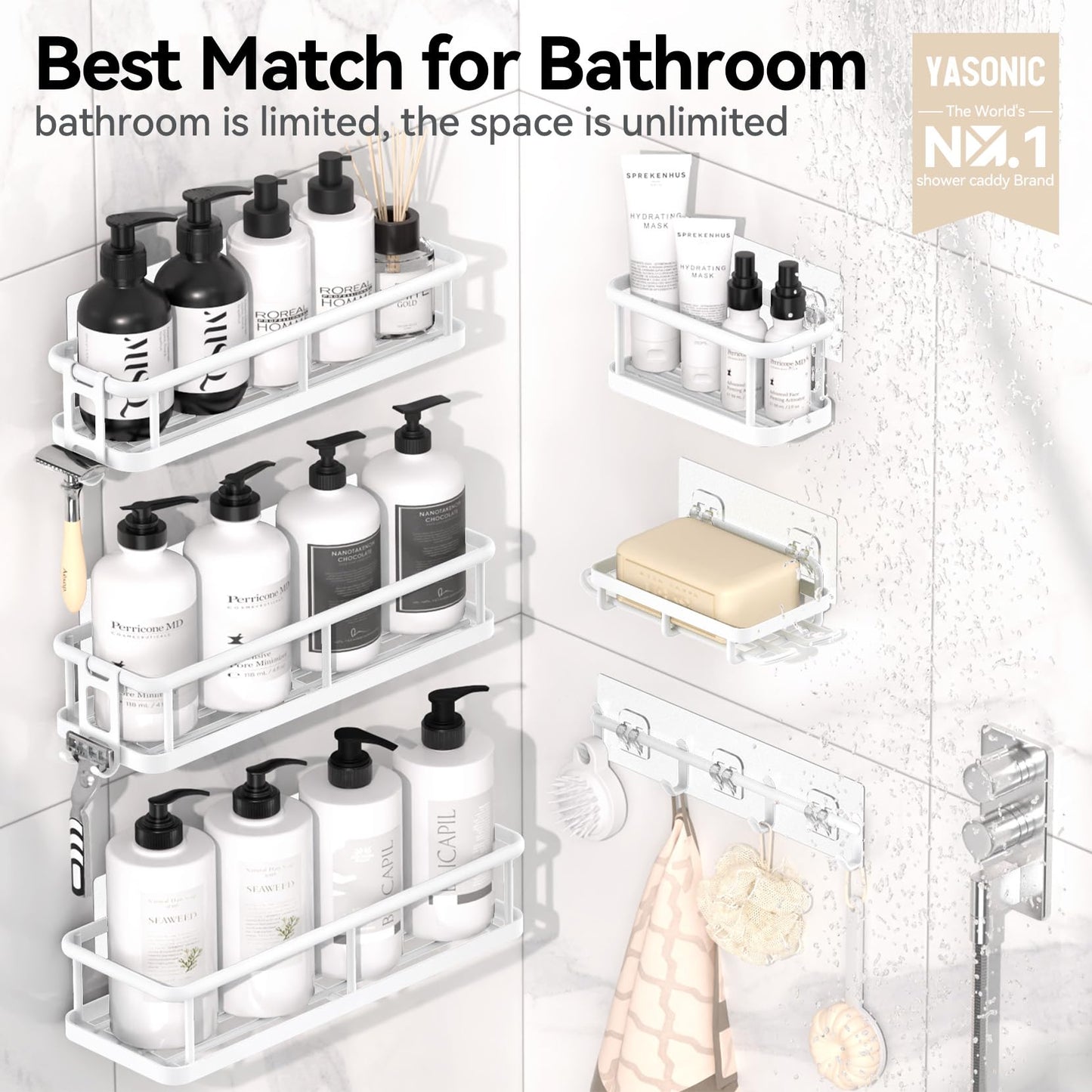 YASONIC Shower Caddy, 6 Pack Large Capacity Shower Organizer with Soap Holder and 12 Hooks, Rustproof Shower Shelves for Inside Shower, No Drilling&Sleek Bathroom Organizers and Storage