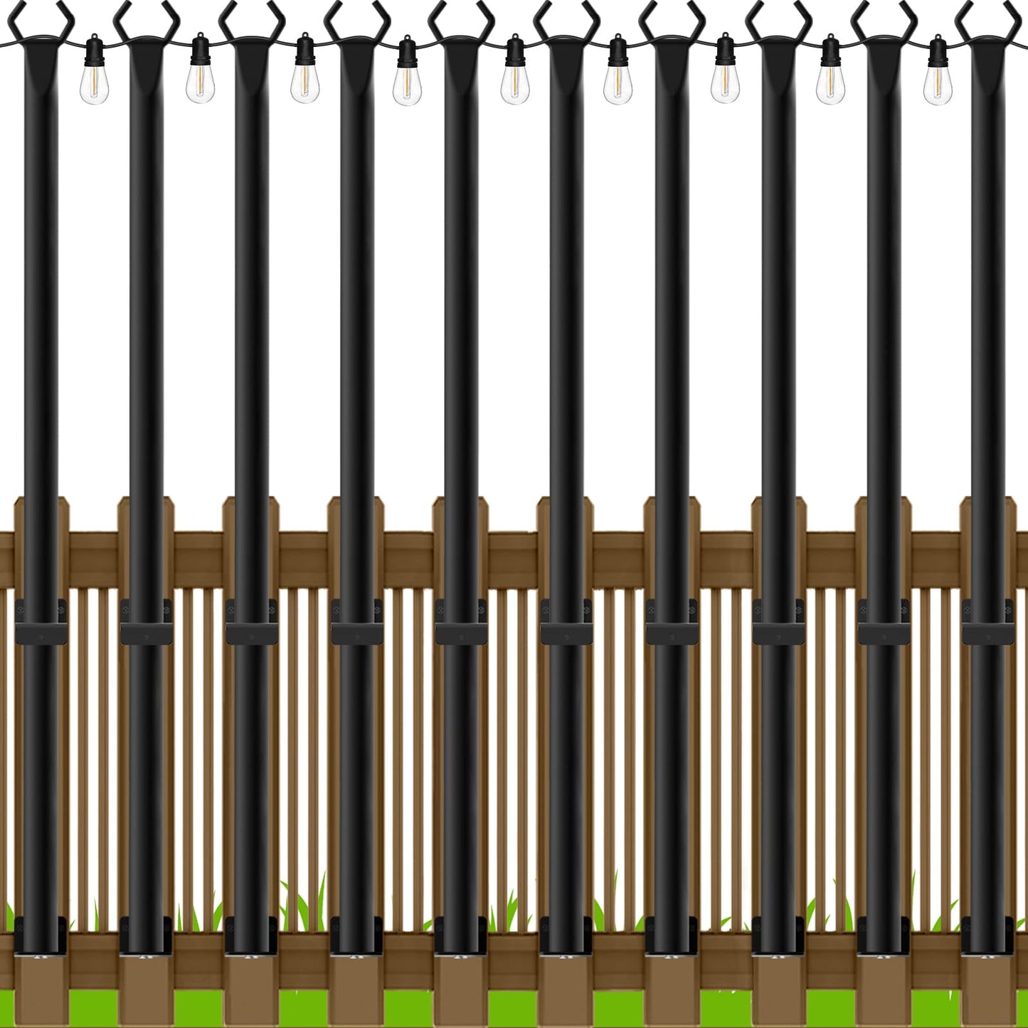 10Ft String Light Poles 4 Pack,Light Poles for Outside Lights,Outdoor with Fence Brackets Hanging Lights,Metal Stand Deck Patio Backyard