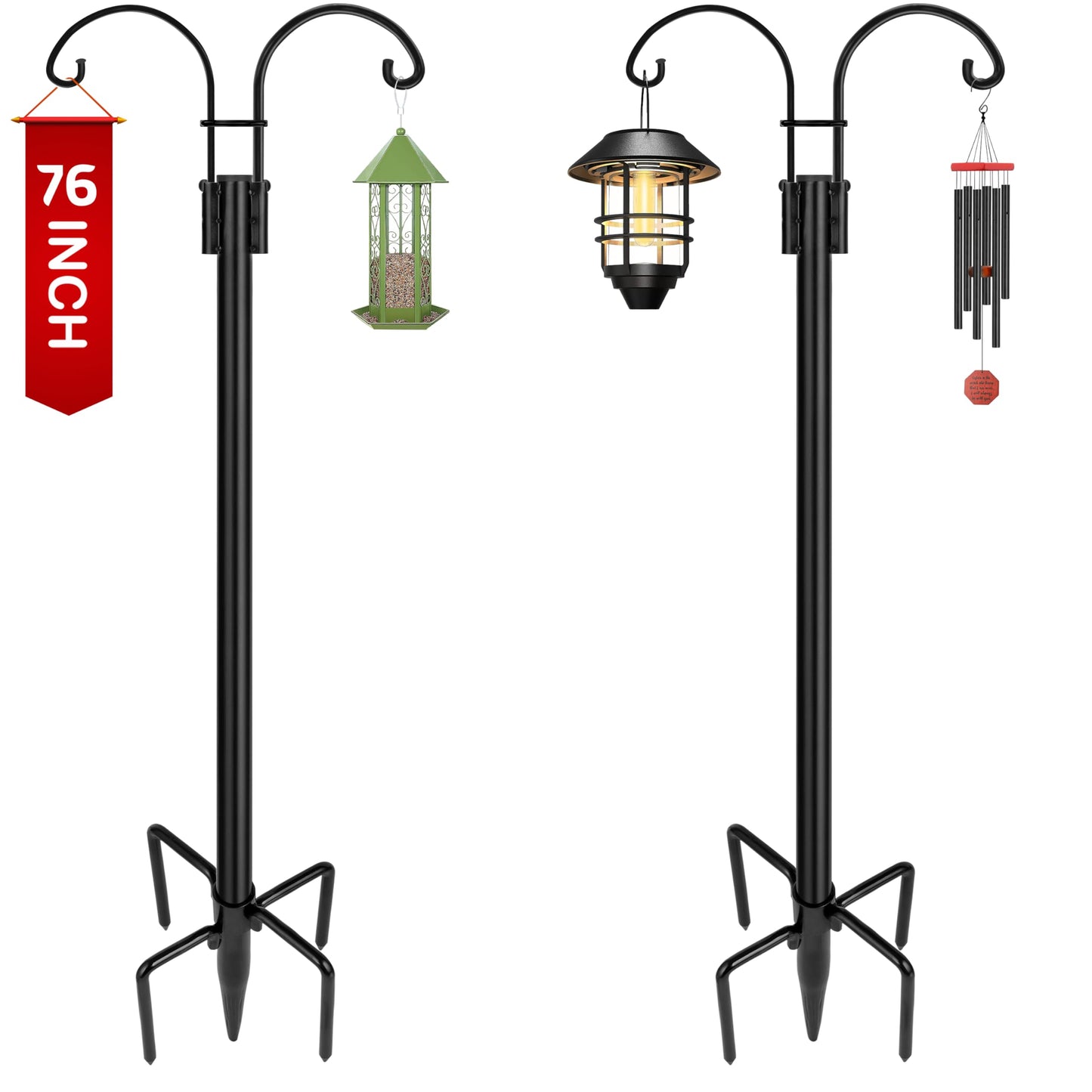 Ottsuls Bird Feeder Pole, 2 Pack 92 INCH Double Shepherds Hooks for Outdoor, Garden Pole with 5 Base Prongs Heavy Duty Planter Hooks for Hanging Plant Baskets, Lantern, Hummingbird Feeder