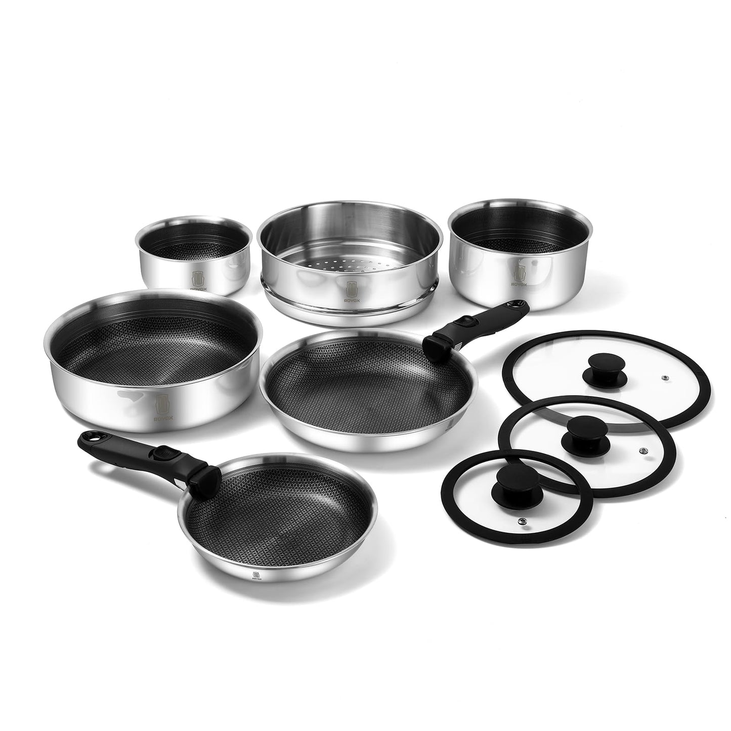 ROYDX 16pcs Pots and Pans Set, Stainless Steel Cookware Set Detachable Handle, Induction Kitchen Stackable RV Cookware Sets, (Camper, Boat, Small Kitchen), Dishwasher Safe&Oven Safe, PFOA Free, Silver