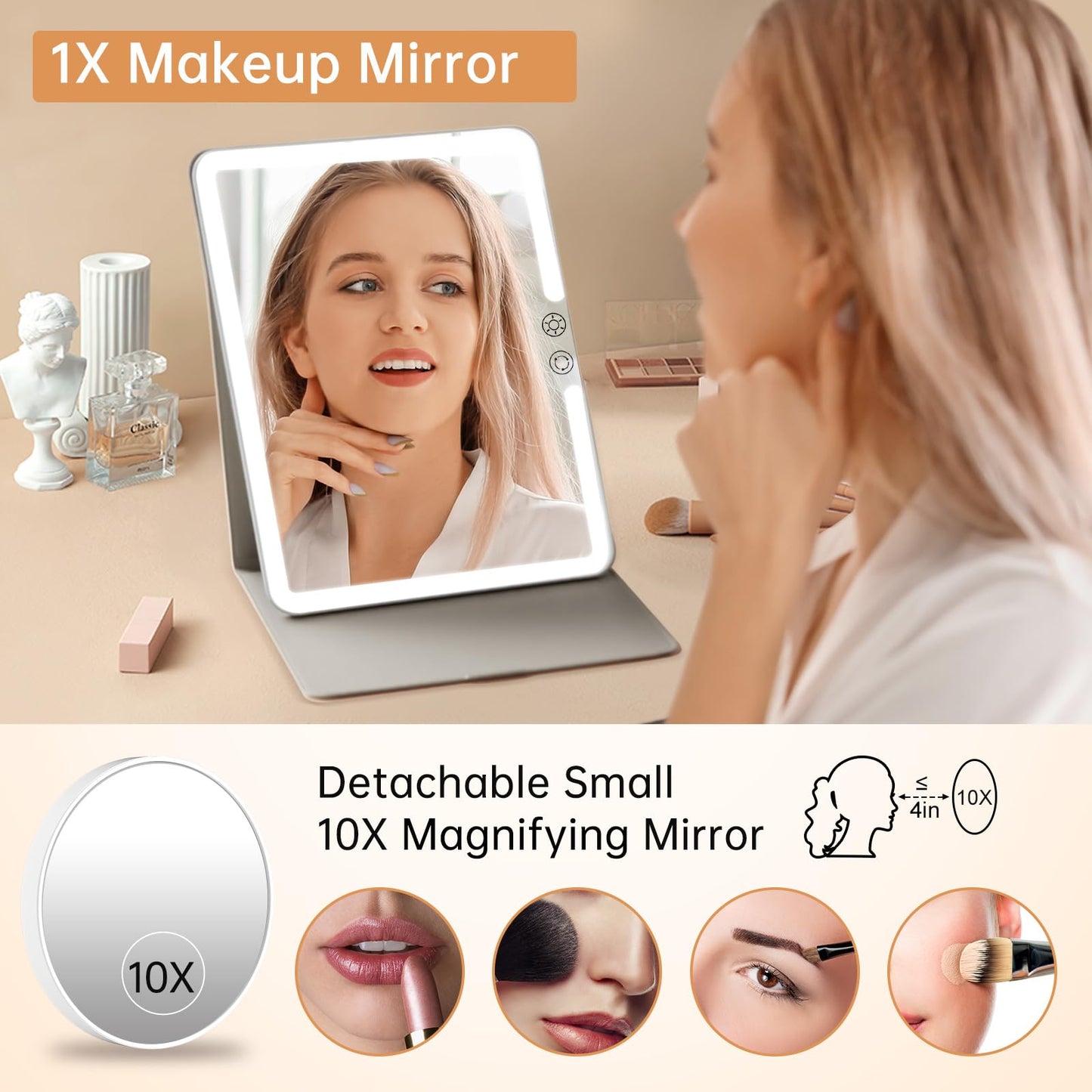 FUNTOUCH 2500mAh Large Rechargeable Travel Makeup Mirror with Lights, Portable Makeup Mirror with 10X Magnifying Mirror 3 Lighting Modes, Tabletop Folding Travel Mirror with PU Leather Cover (Pink)