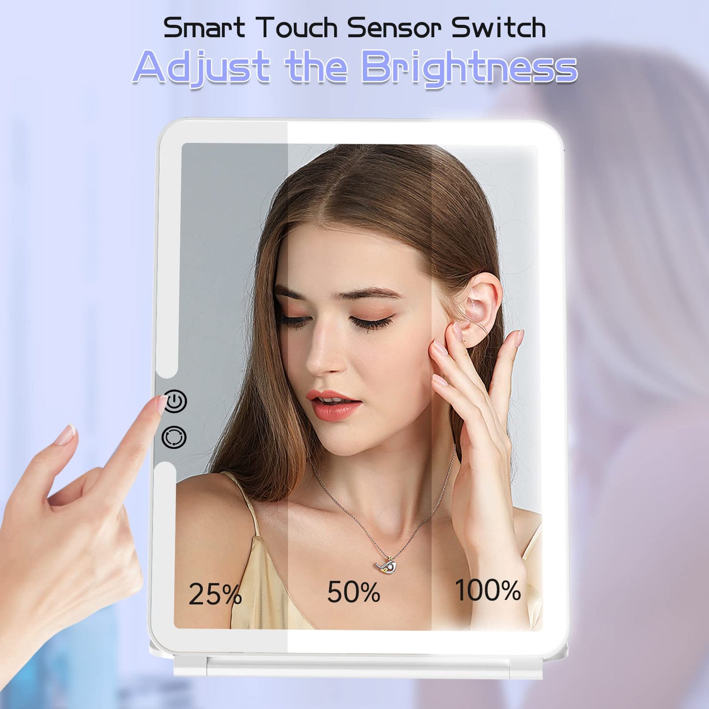 FUNTOUCH 2500mAh Large Rechargeable Travel Makeup Mirror with Lights, Portable Makeup Mirror with 10X Magnifying Mirror 3 Lighting Modes, Tabletop Folding Travel Mirror with PU Leather Cover (Pink)