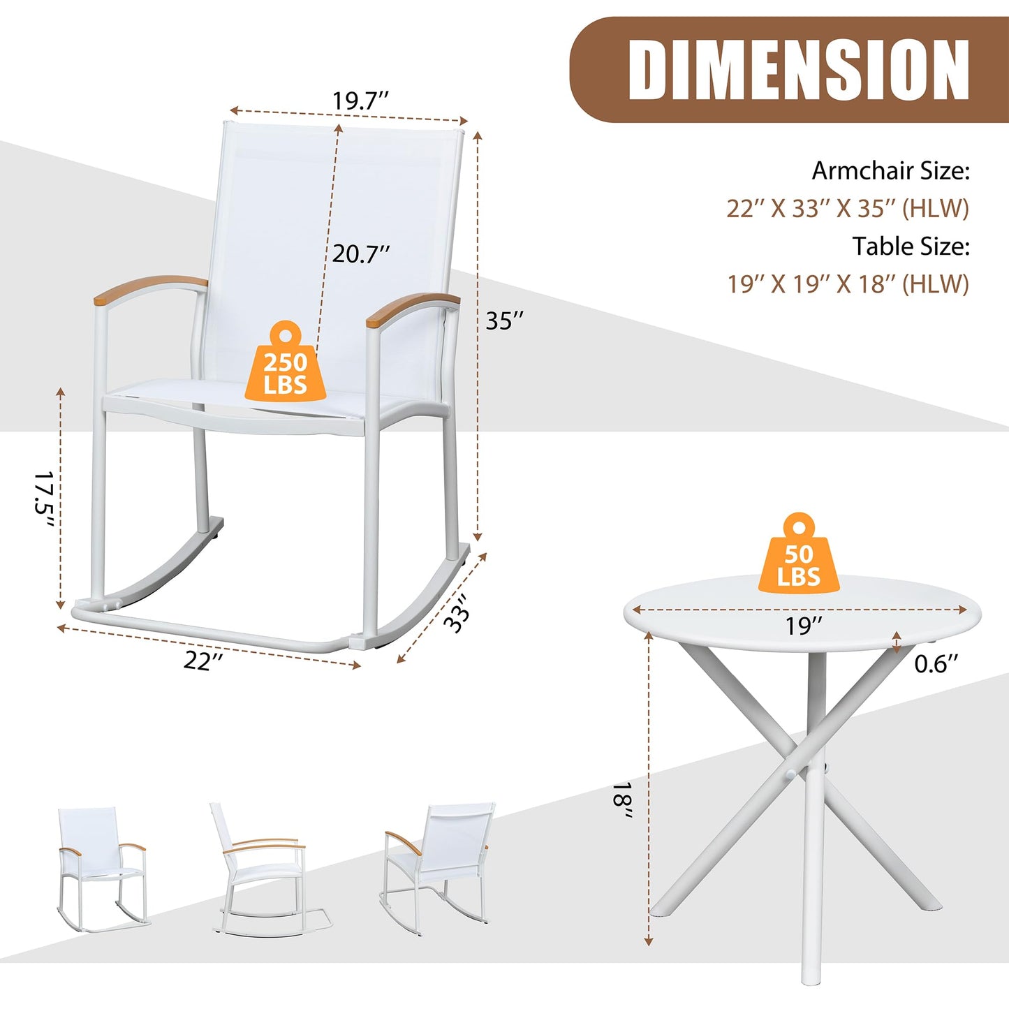 Shintenchi 3 Piece Outdoor Rocking Bistro Set, Textilene Fabric Small Patio Furniture Set, Front Porch Rocker Chairs Conversation Set with Table for Lawn, Garden, Balcony, Poolside (Black)