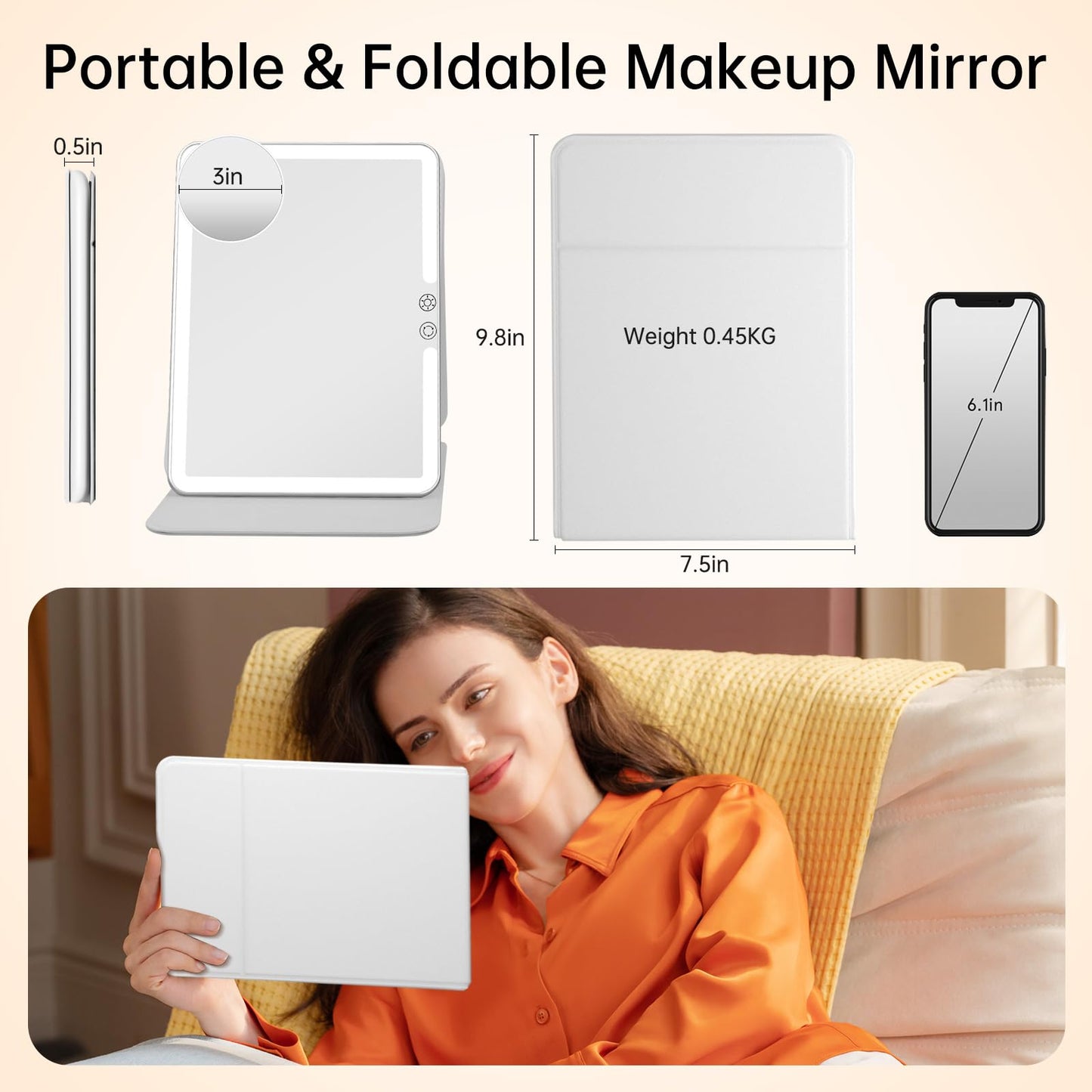 FUNTOUCH 2500mAh Large Rechargeable Travel Makeup Mirror with Lights, Portable Makeup Mirror with 10X Magnifying Mirror 3 Lighting Modes, Tabletop Folding Travel Mirror with PU Leather Cover (Pink)