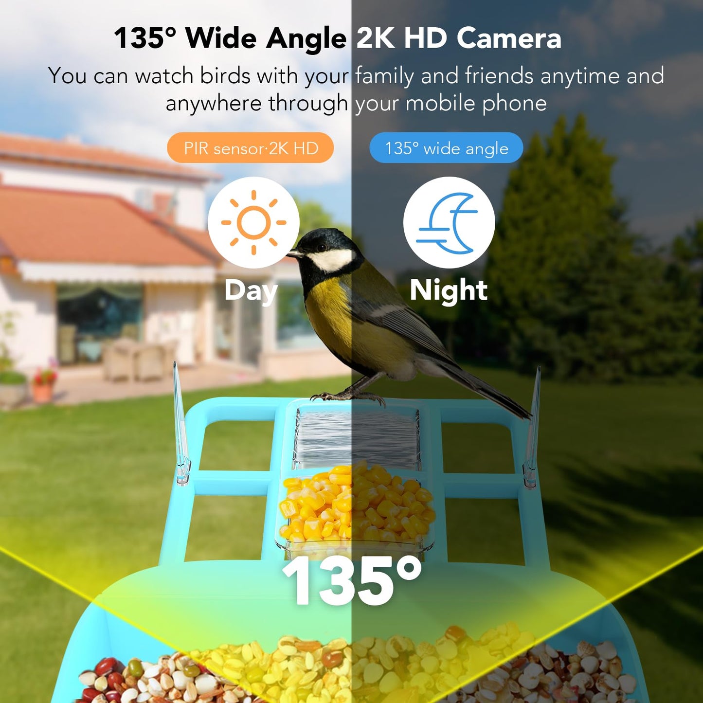 Smart Bird Feeder with Camera, 5200mAh Battery with Solar Panel, 2K Live View/AI Identifies/App Control/Instant Arrival Alert/Auto Capture/135° Motion Detection/IP65 Waterproof, Ideal Gift