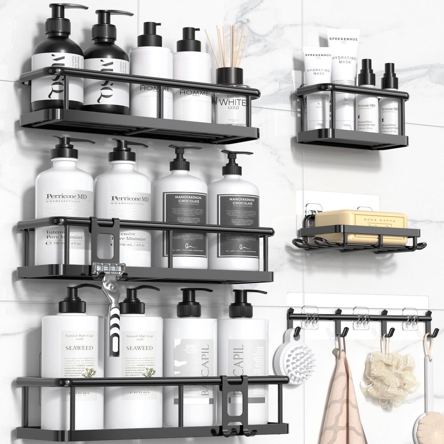 YASONIC Shower Caddy, 6 Pack Large Capacity Shower Organizer with Soap Holder and 12 Hooks, Rustproof Shower Shelves for Inside Shower, No Drilling&Sleek Bathroom Organizers and Storage