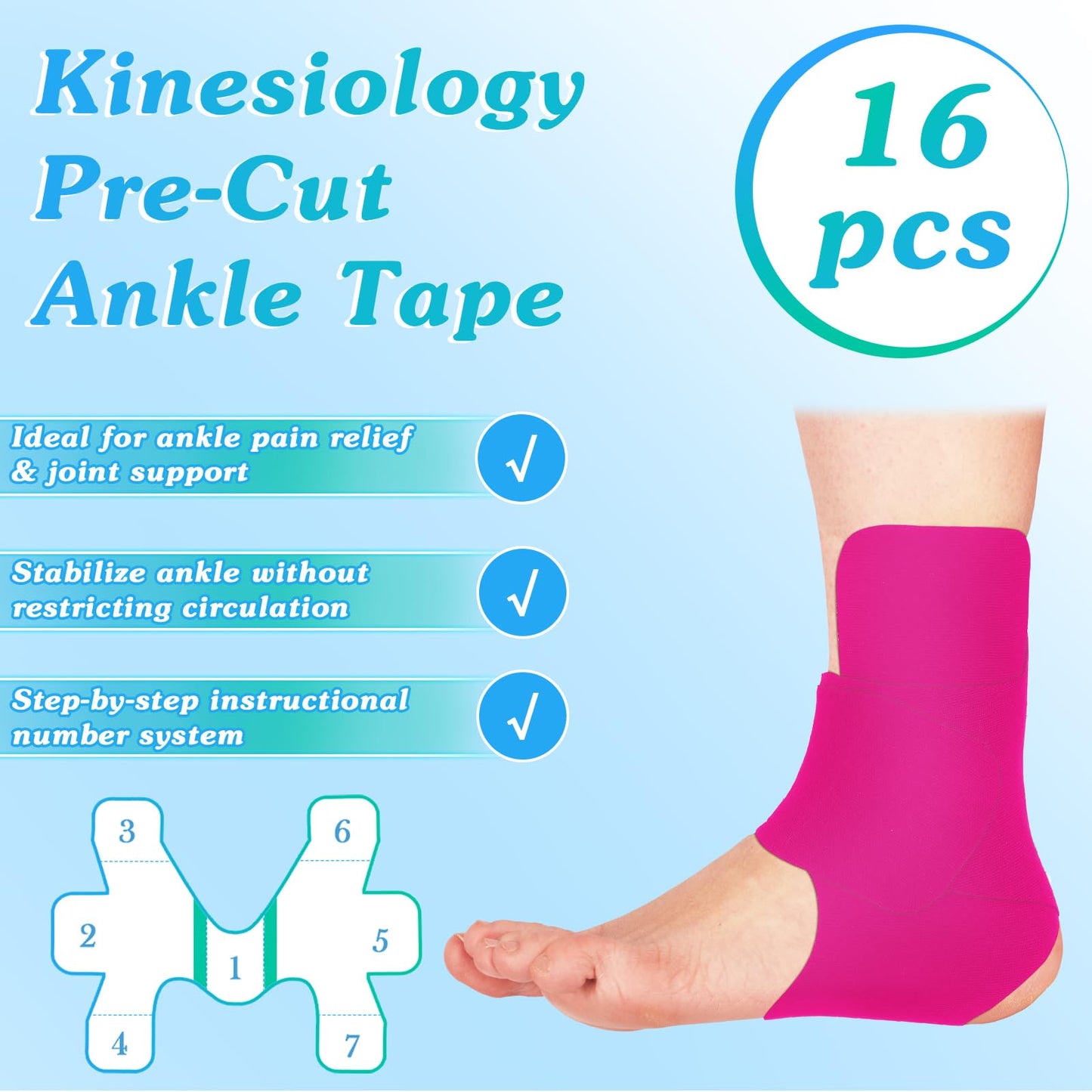 16 Pcs Kinesiology Tape for Ankle Tape Precut, Athletic Original Cotton Waterproof Breathable, Provides Support and Stability to The Target Area for Ligament and Muscle (Pink)