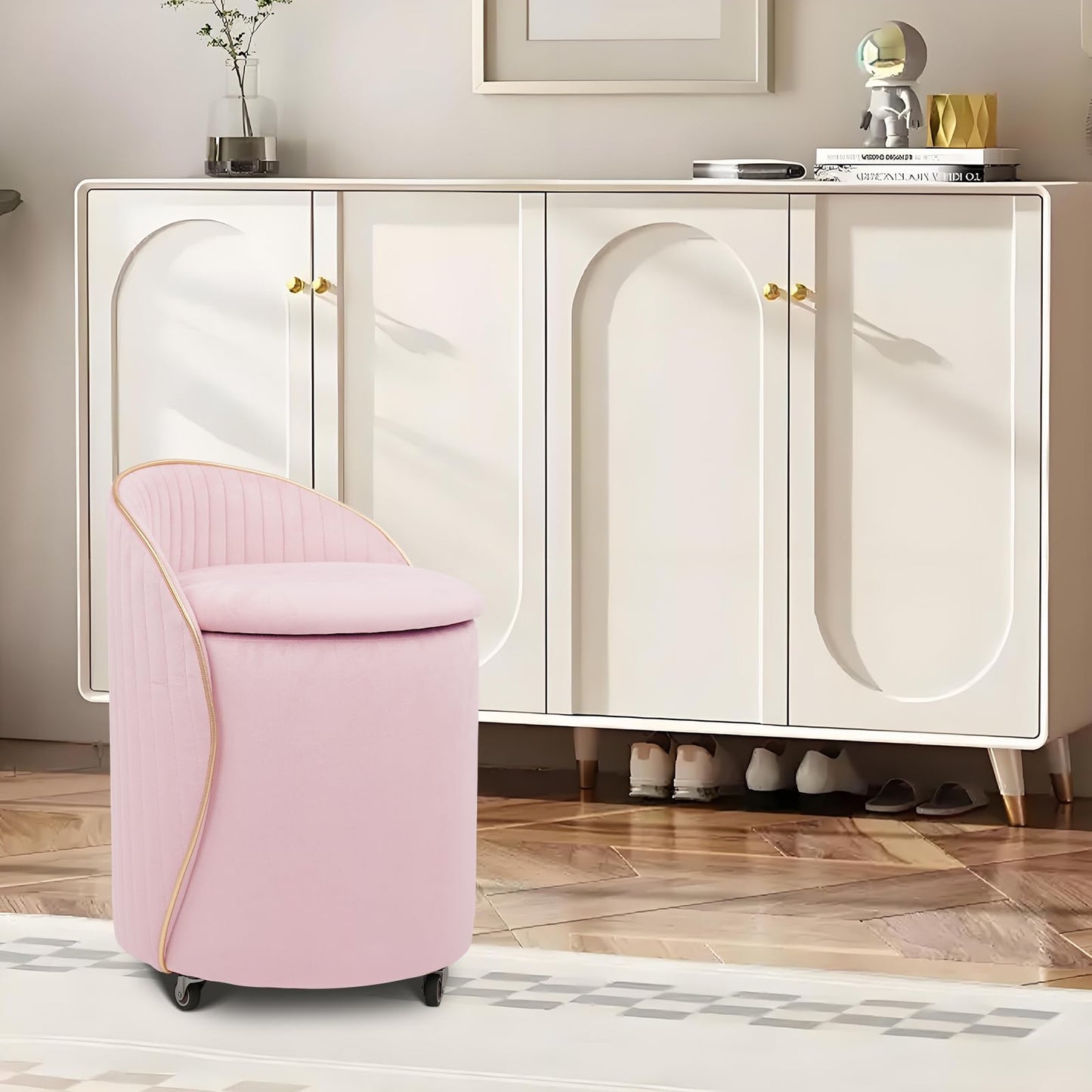 Round Storage Ottoman, Upholstered Velvet Vanity Stool with Lumbar Support, Swivel Rolling Wheels, Small Foot Stools Coffee Table Padded Seat for Makeup Room, Living Room, Bedroom (Beige)