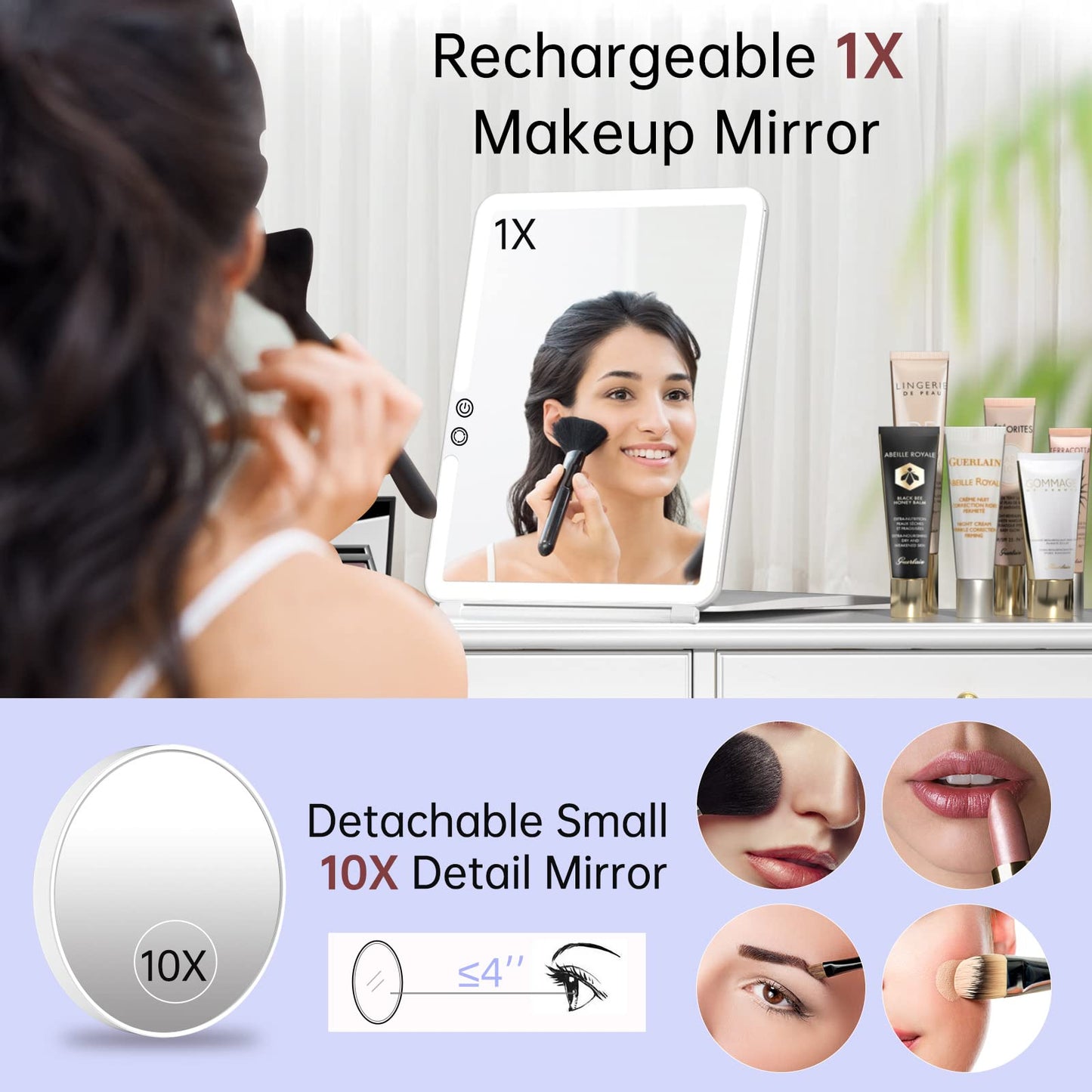 FUNTOUCH 2500mAh Large Rechargeable Travel Makeup Mirror with Lights, Portable Makeup Mirror with 10X Magnifying Mirror 3 Lighting Modes, Tabletop Folding Travel Mirror with PU Leather Cover (Pink)