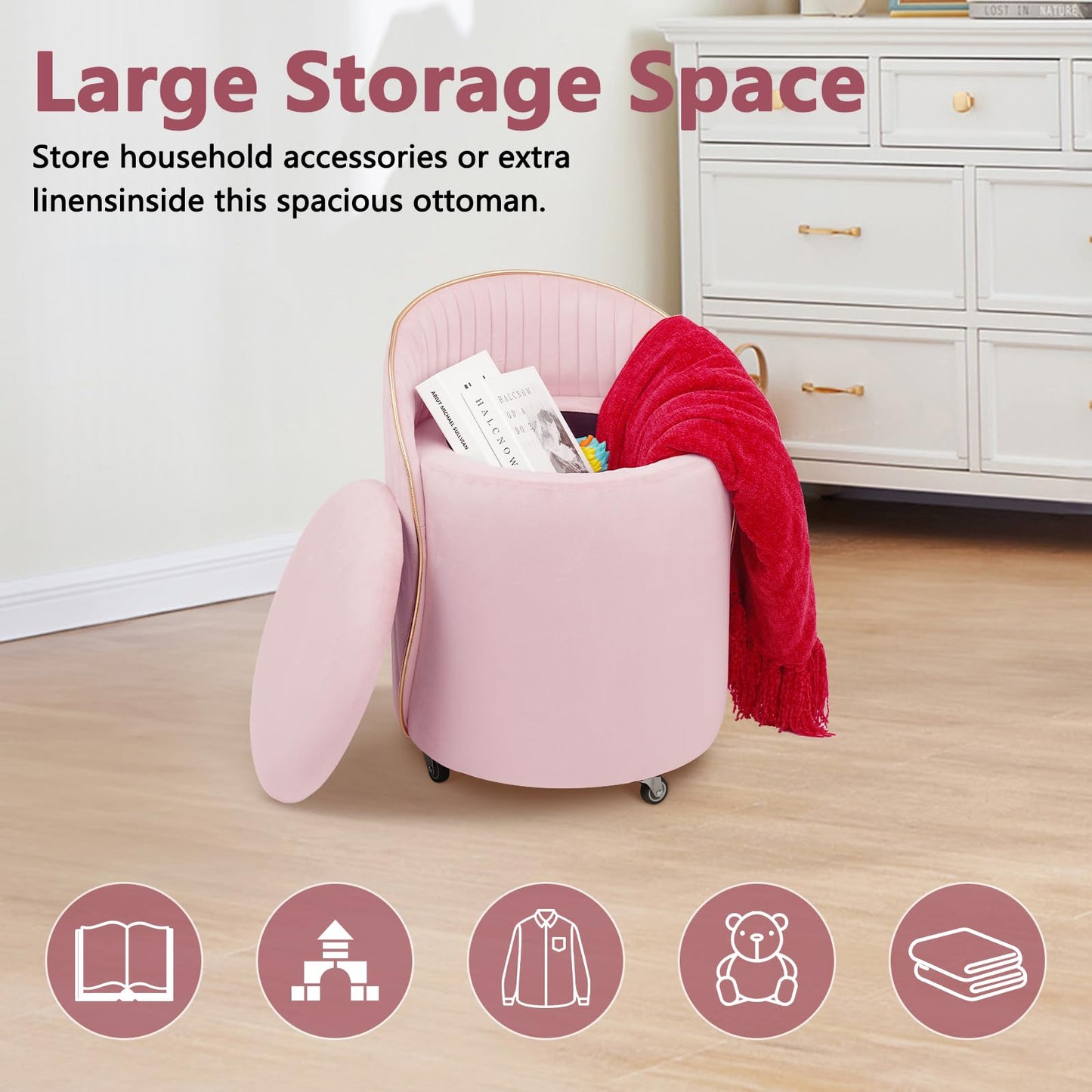 Round Storage Ottoman, Upholstered Velvet Vanity Stool with Lumbar Support, Swivel Rolling Wheels, Small Foot Stools Coffee Table Padded Seat for Makeup Room, Living Room, Bedroom (Beige)
