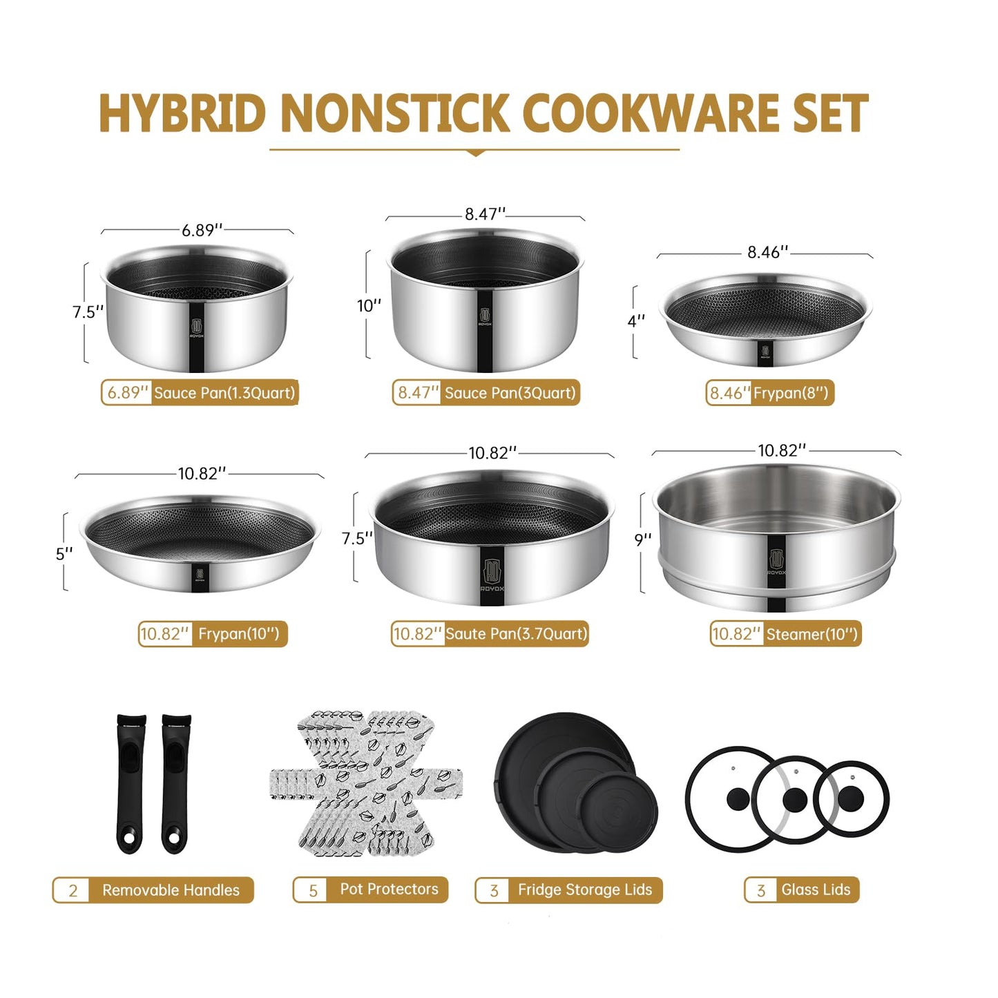 ROYDX 16pcs Pots and Pans Set, Stainless Steel Cookware Set Detachable Handle, Induction Kitchen Stackable RV Cookware Sets, (Camper, Boat, Small Kitchen), Dishwasher Safe&Oven Safe, PFOA Free, Silver