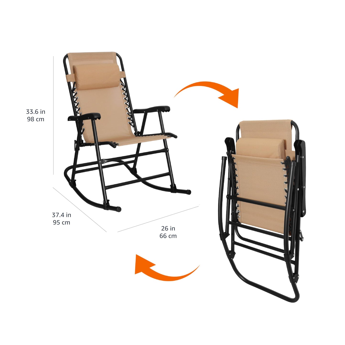 Amazon Basics Outdoor Patio Folding Reclining Lounge Rocking Chair with Pillow, Affordable Folding Chairs for Outside, Beige, 33.6 x 37.4 x 26 inch