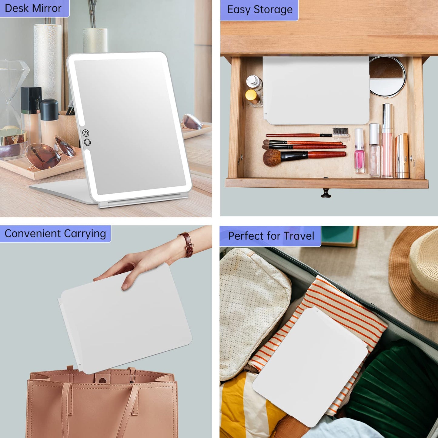 FUNTOUCH 2500mAh Large Rechargeable Travel Makeup Mirror with Lights, Portable Makeup Mirror with 10X Magnifying Mirror 3 Lighting Modes, Tabletop Folding Travel Mirror with PU Leather Cover (Pink)