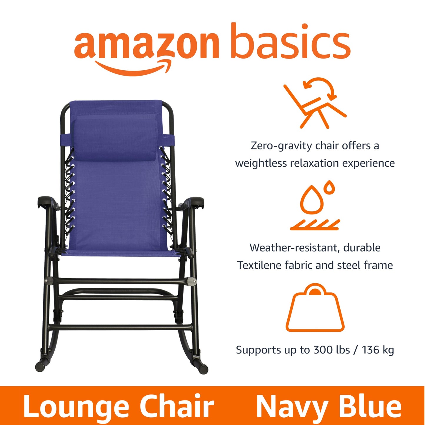 Amazon Basics Outdoor Patio Folding Reclining Lounge Rocking Chair with Pillow, Affordable Folding Chairs for Outside, Beige, 33.6 x 37.4 x 26 inch