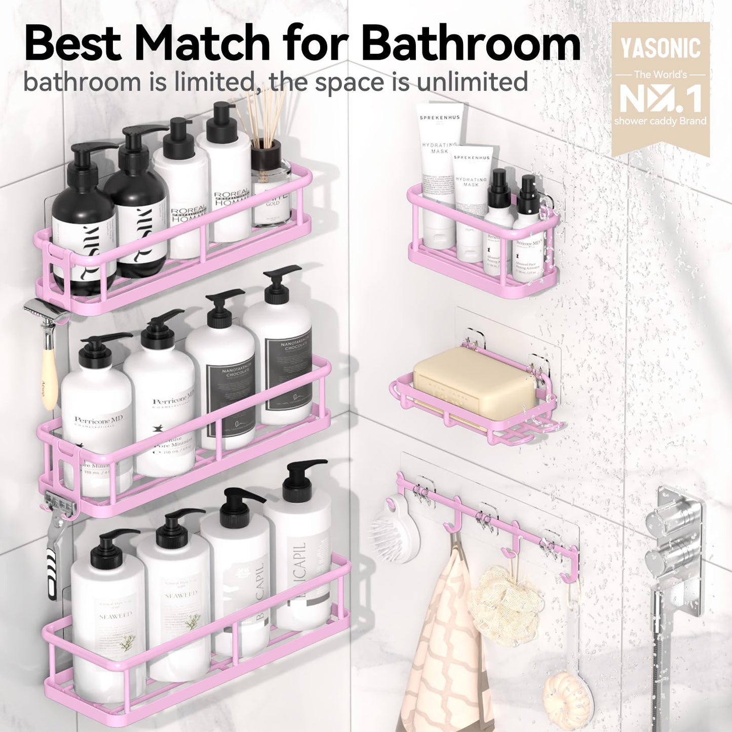 YASONIC Shower Caddy, 6 Pack Large Capacity Shower Organizer with Soap Holder and 12 Hooks, Rustproof Shower Shelves for Inside Shower, No Drilling&Sleek Bathroom Organizers and Storage