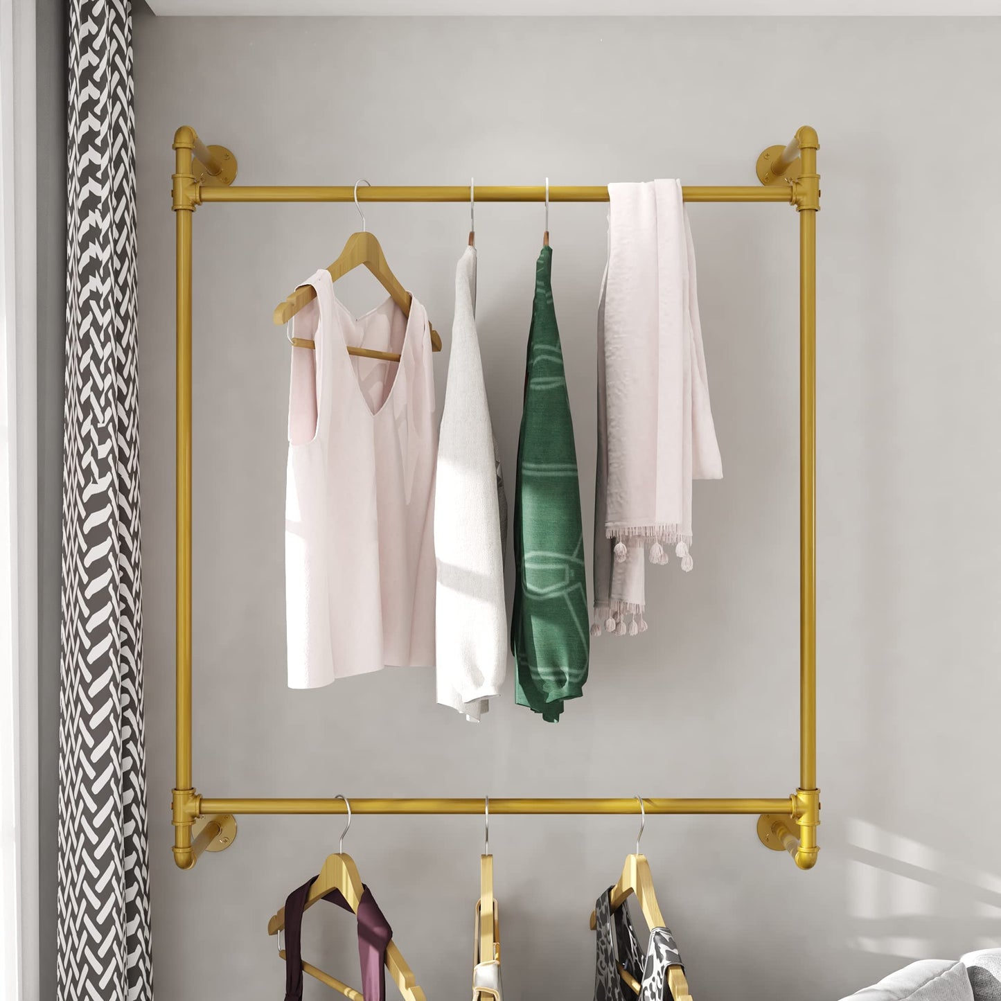 Industrial Pipe Clothing Rack Wall Mounted Clothes Rack Heavy Duty Closet Rod for Retail, Laundry Room, Bedroom