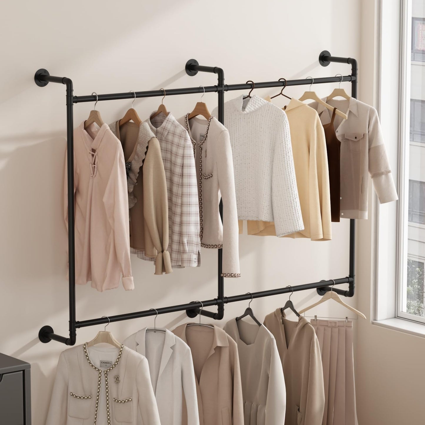 Industrial Pipe Clothing Rack Wall Mounted Clothes Rack Heavy Duty Closet Rod for Retail, Laundry Room, Bedroom